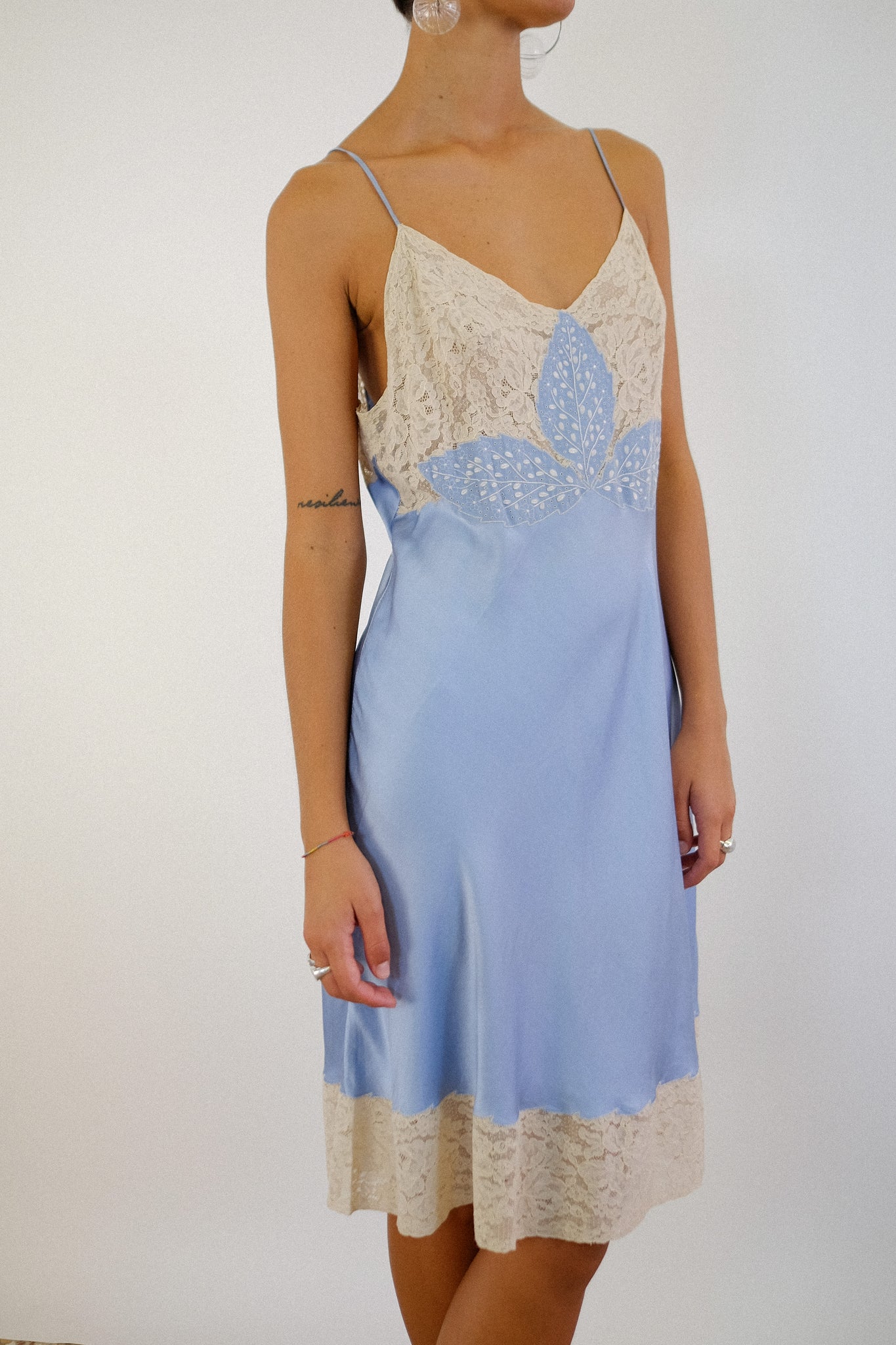 ANTIQUE 1940S SILK & LACE ENCRUSTED SLIP DRESS IN EMBROIDERED BABY BLUE