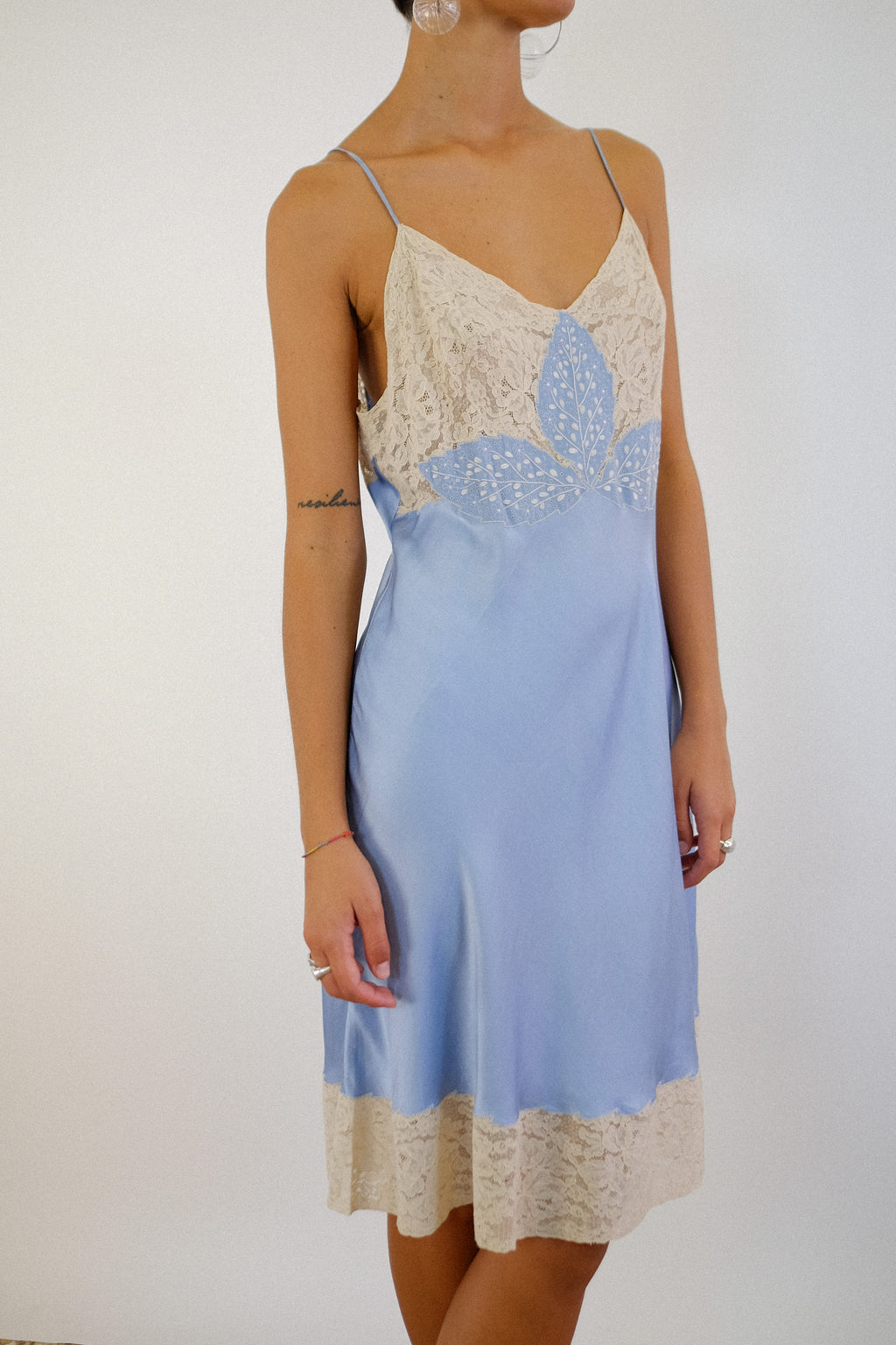 ANTIQUE 1940S SILK & LACE ENCRUSTED SLIP DRESS IN EMBROIDERED BABY BLUE