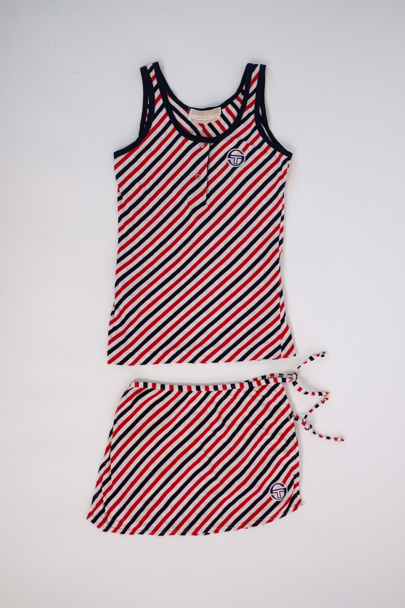 1970S SERGIO TACCHINI STRIPED SET IN BLUE, WHITE AND RED COTTON JERSEY