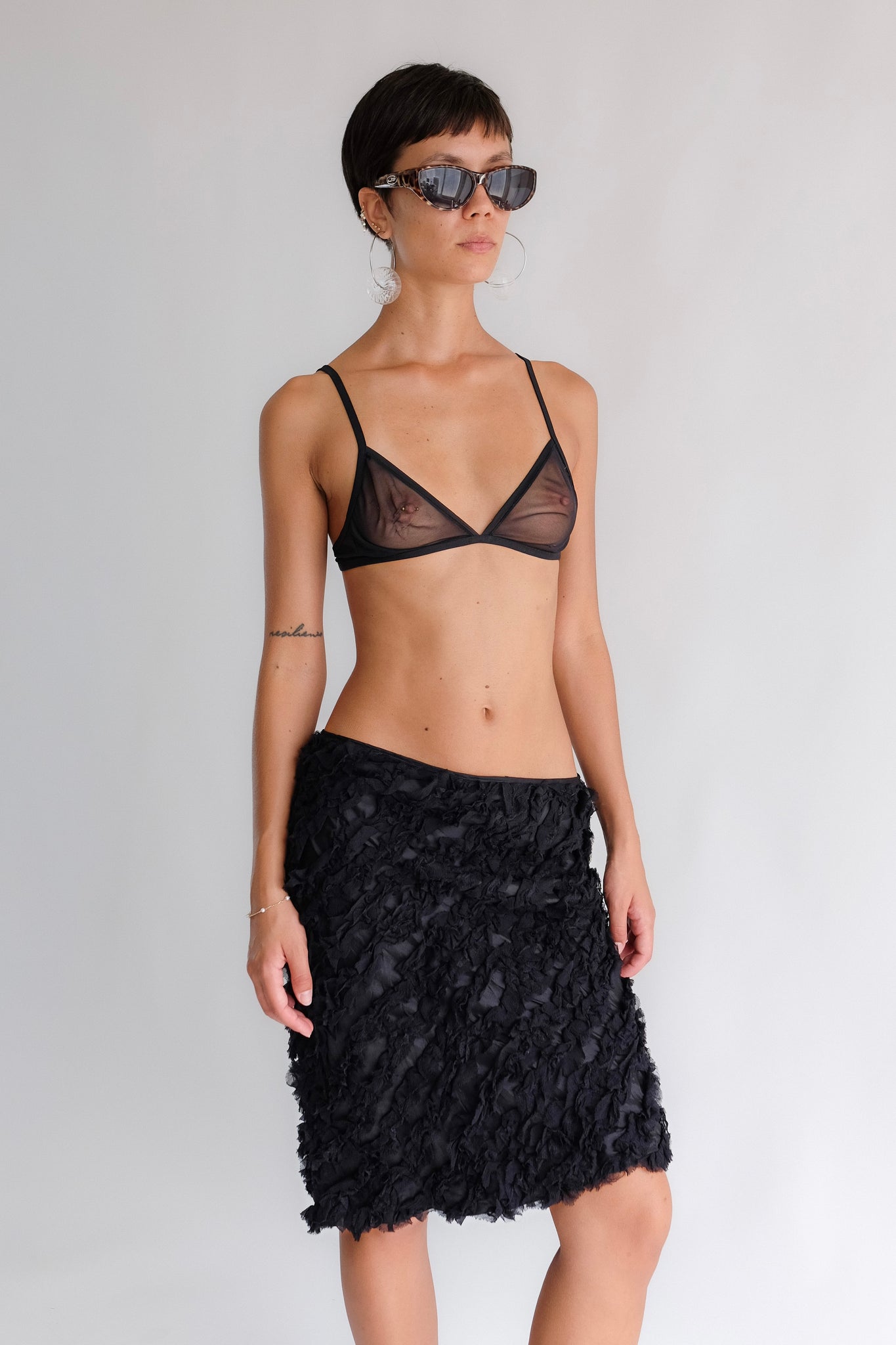 ASPESI TEXTURED BIAS CUT MIDI SKIRT IN BLACK RUFFLE SILK