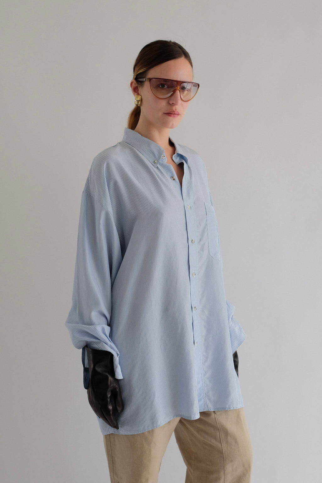 SILK OVERSIZED STRIPED SHIRT IN LIGHT BLUE
