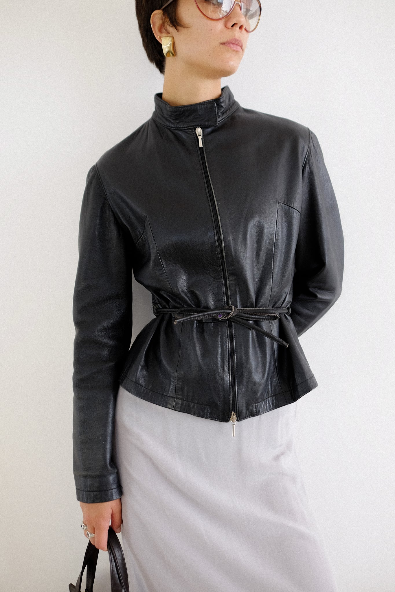 OVERPELL ITALIAN TIE WAIST BUTTERSOFT LEATHER JACKET IN BLACK