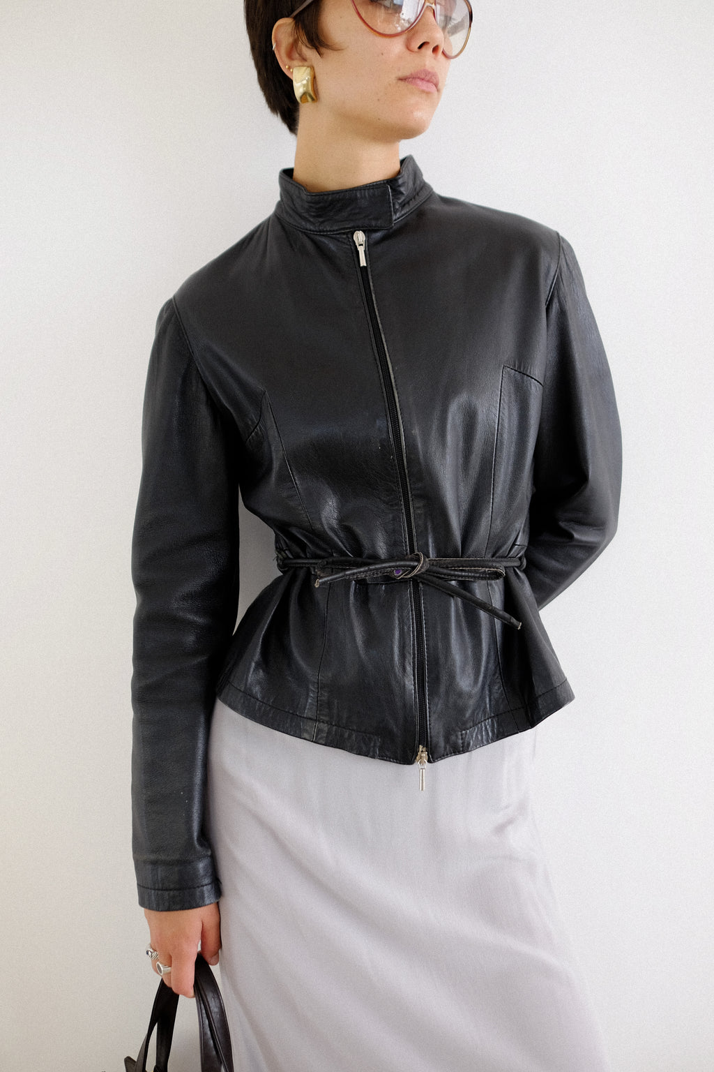 OVERPELL ITALIAN TIE WAIST BUTTERSOFT LEATHER JACKET IN BLACK
