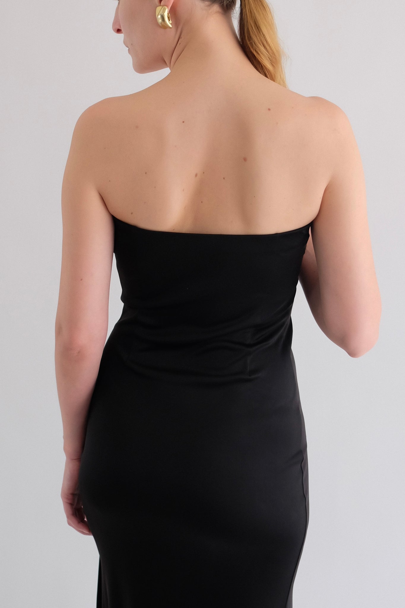PATRIZIA PEPE STRAPLESS LIQUID DRESS WITH LACE VOLANTS