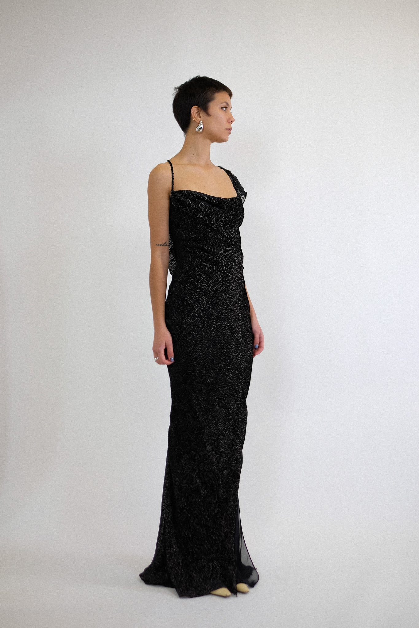 JOHN GALLIANO 2000s DRAPED GOWN IN BLACK AND WHITE DEVORÉ