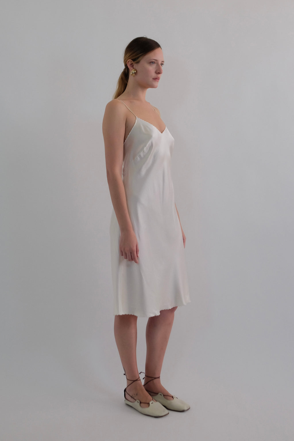 VINTAGE SILK SATIN SLIP DRESS IN OFF WHITE