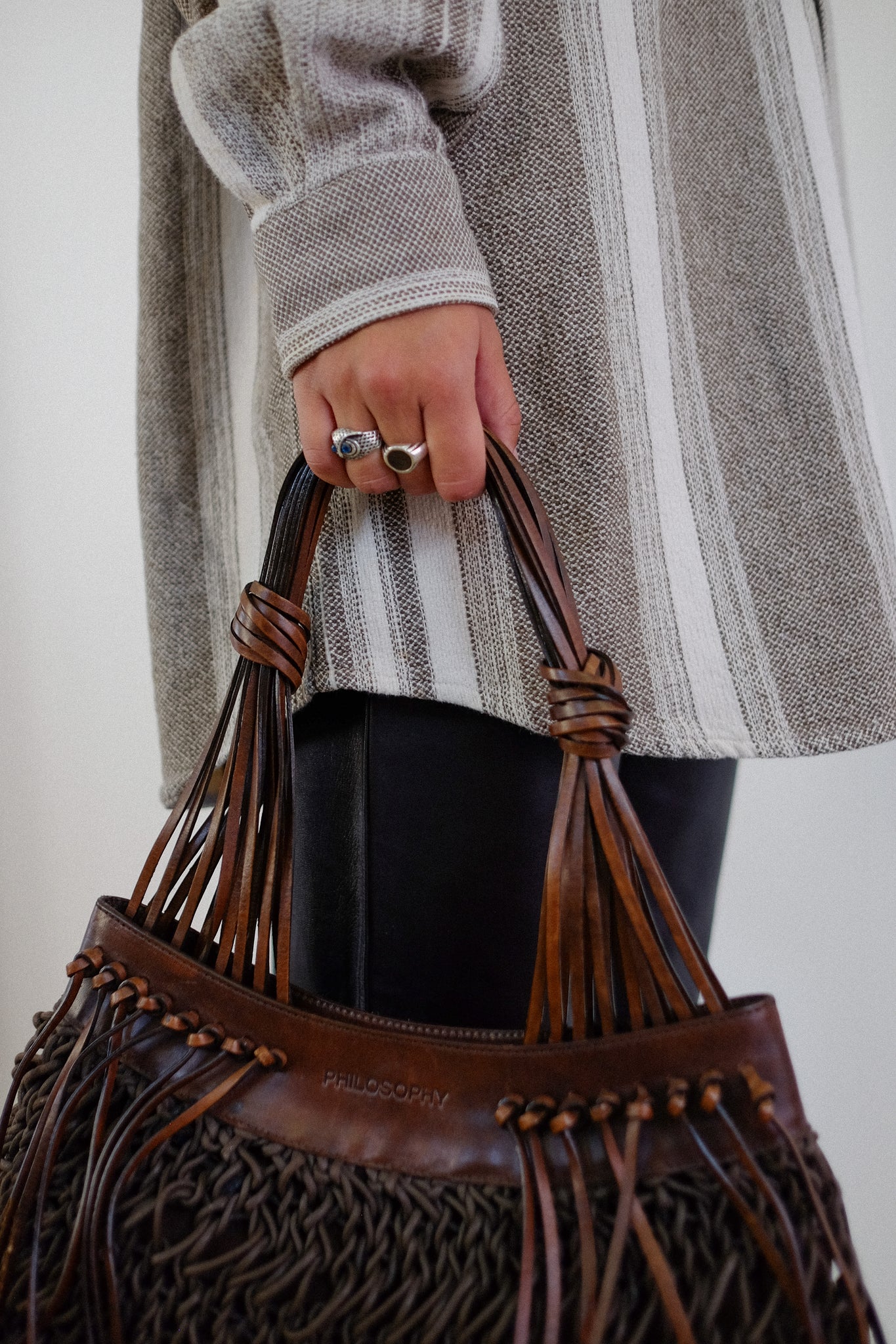 PHILOSOPHY BY ALBERTA FERRETTI WOVEN LEATHER & KNIT BAG IN CHOCOLATE BROWN