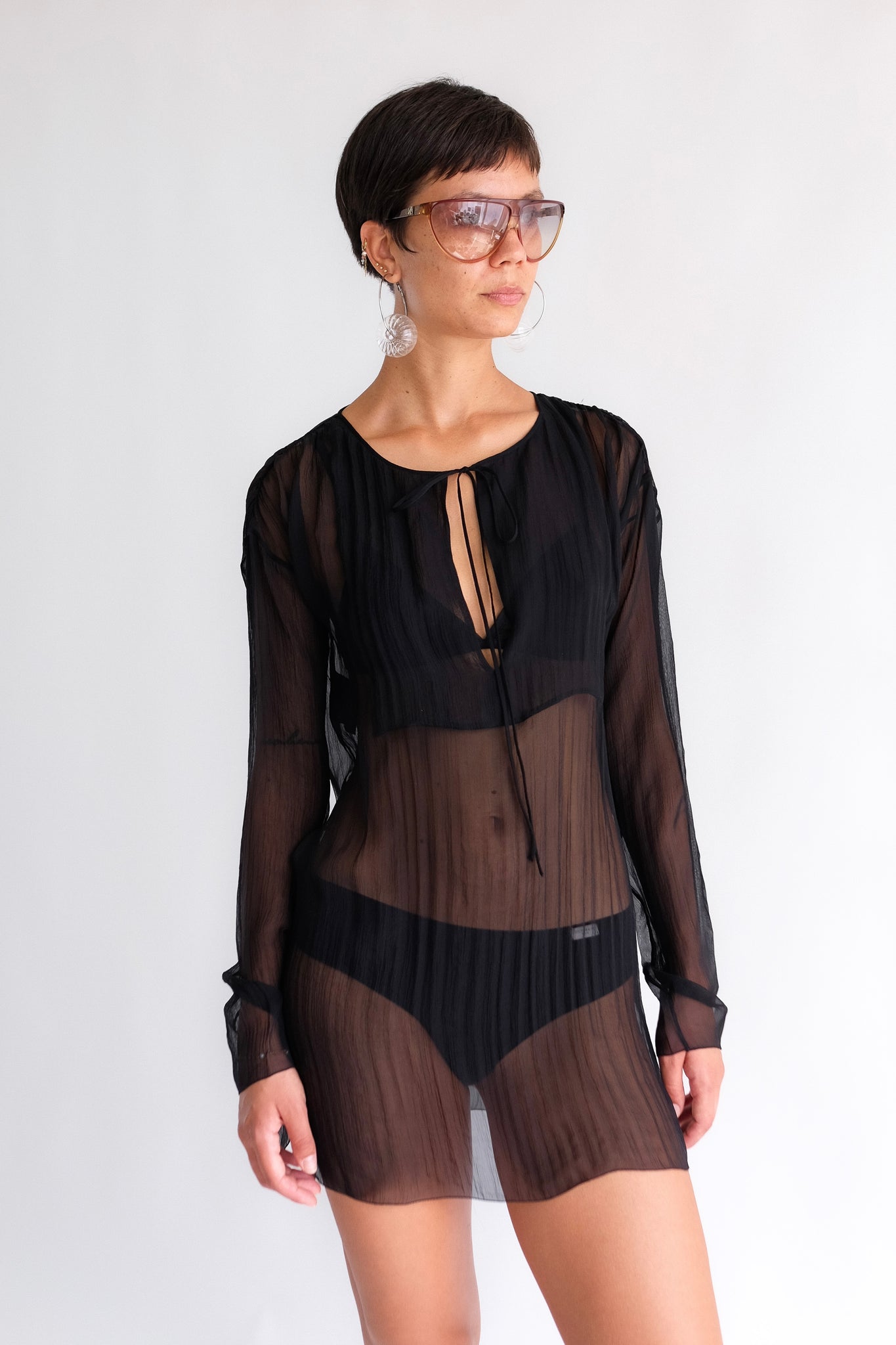 PRADA SHEER MINI DRESS IN BLACK SILK CHIFFON