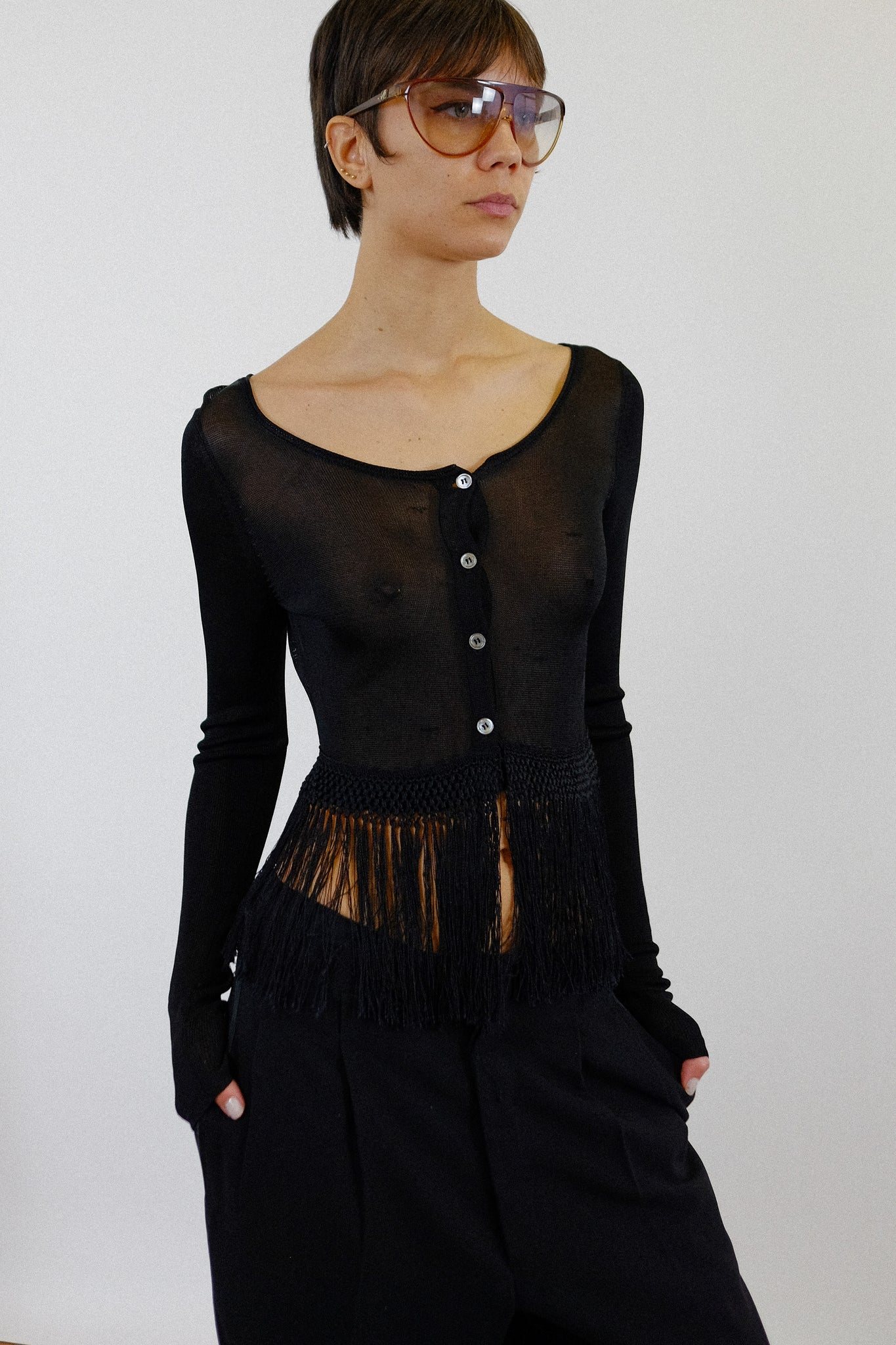 MOSCHINO CROP FRINGED CARDIGAN IN BLACK