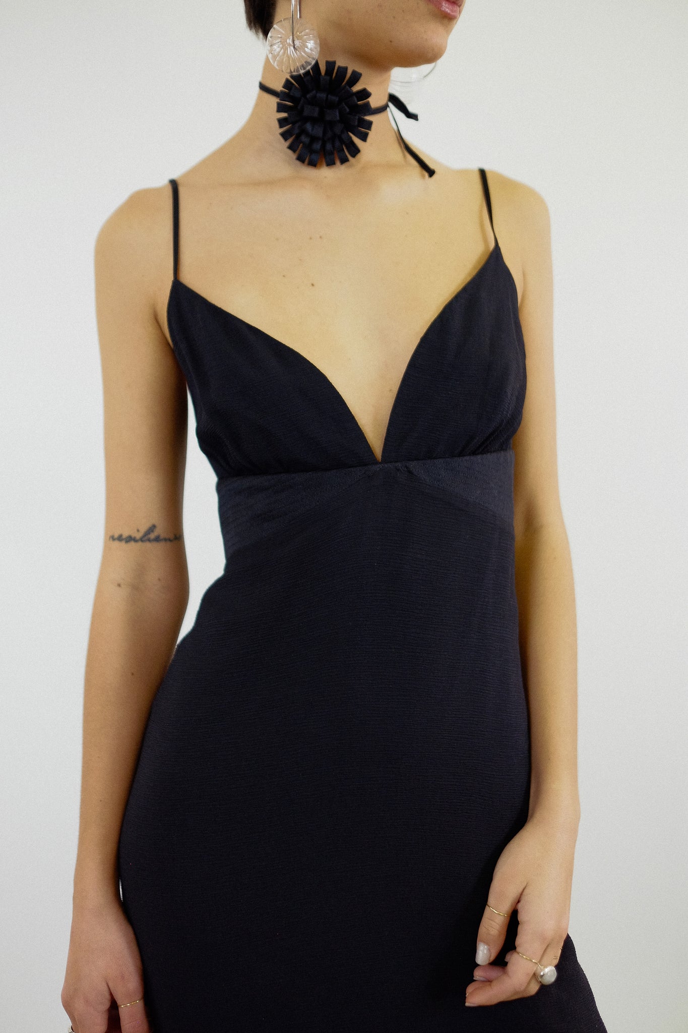 MAX MARA BIAS CUT EVENING DRESS WITH SILK ROSETTE NECKLACE IN BLACK