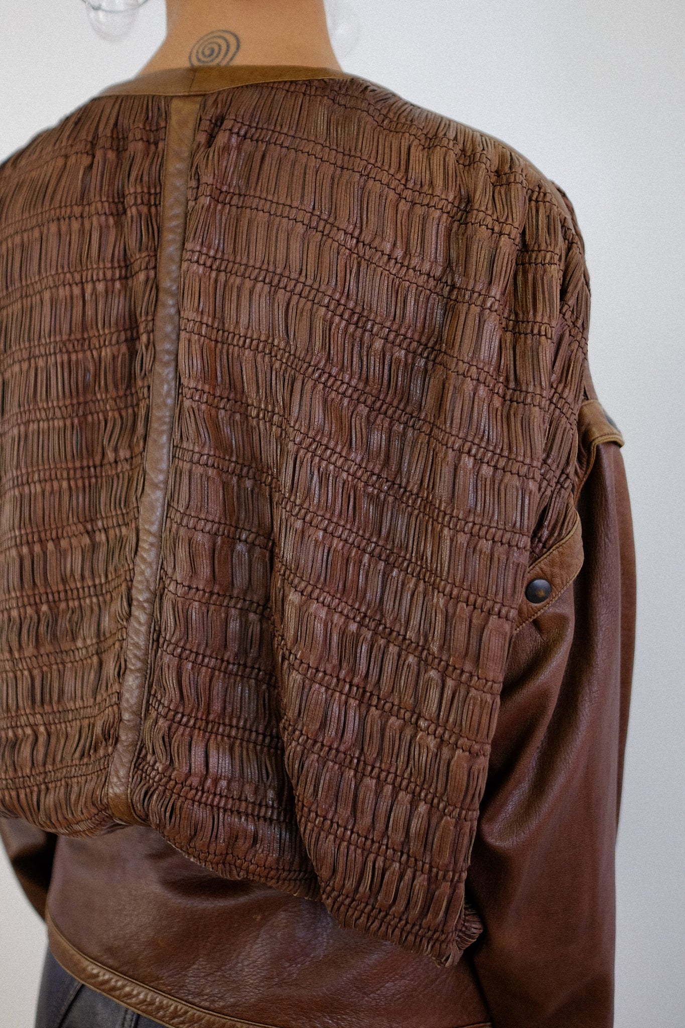 1980s MODULAR WOVEN LEATHER JACKET IN BROWN