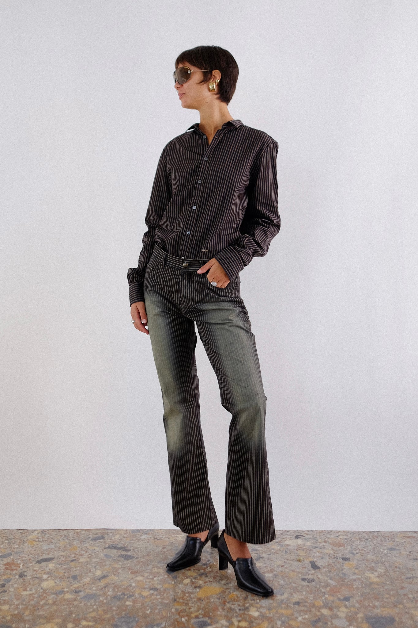JUST CAVALLI PANTS IN BLACK & GOLD PINSTRIPE