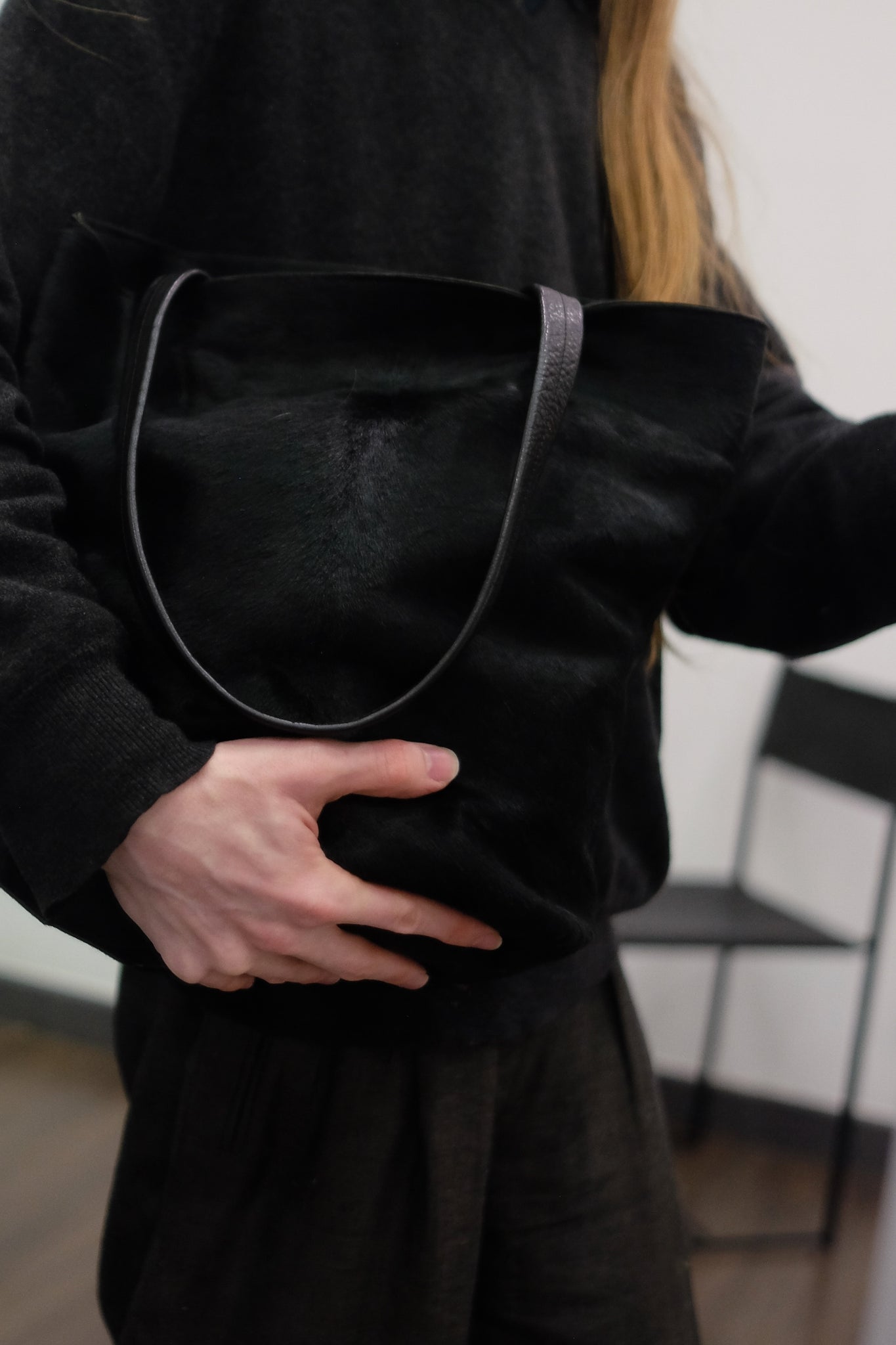 PONY HAIR BUCKET BAG IN BLACK