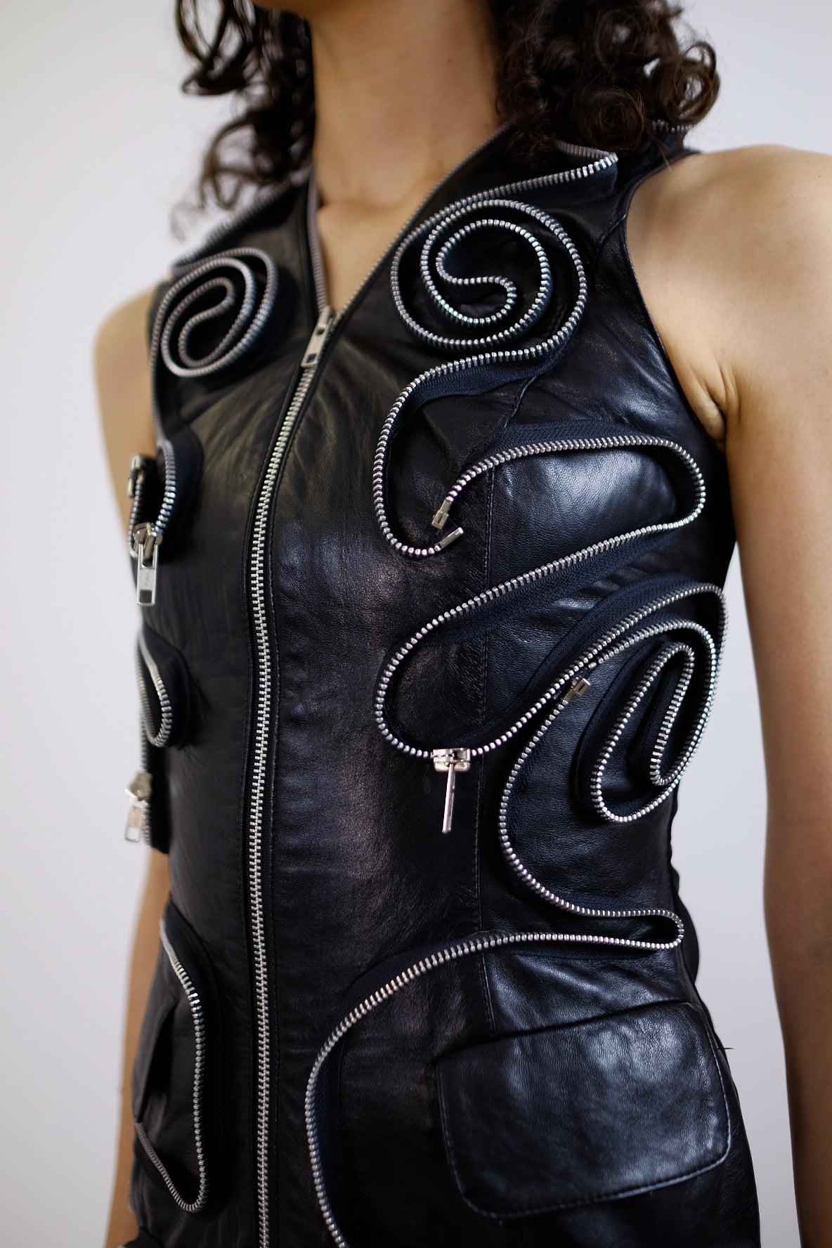 LEATHER ZIP MINI DRESS BY HELEN STOREY C.1990