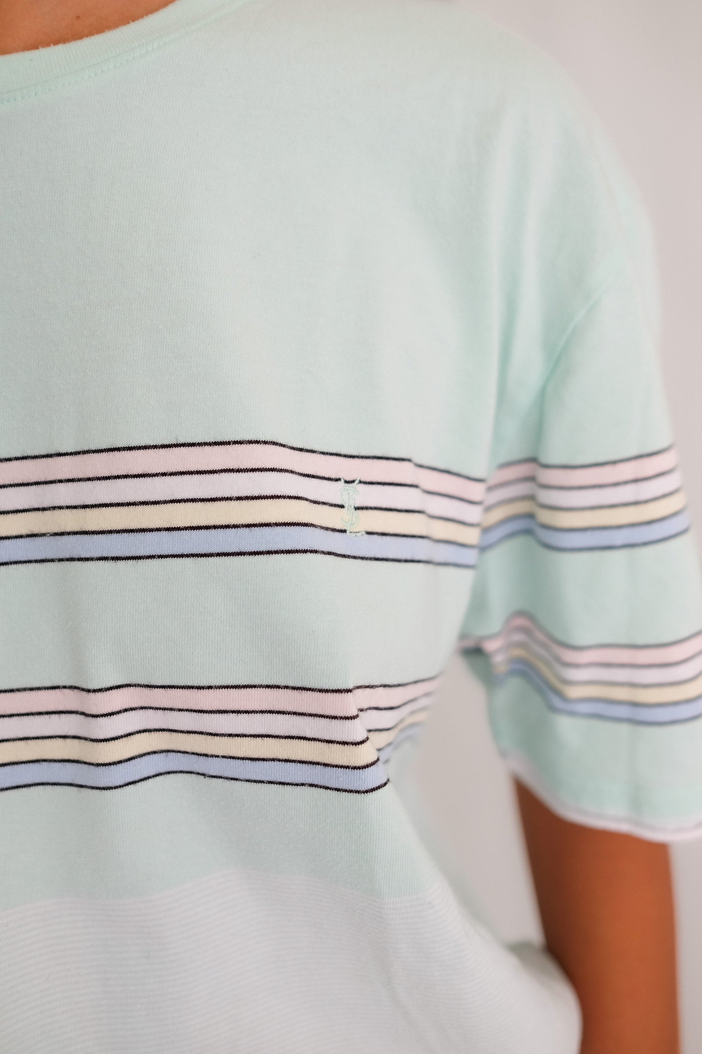 80S YVES SAINT LAURENT T IN PASTEL MINT RAYURE JERSEY