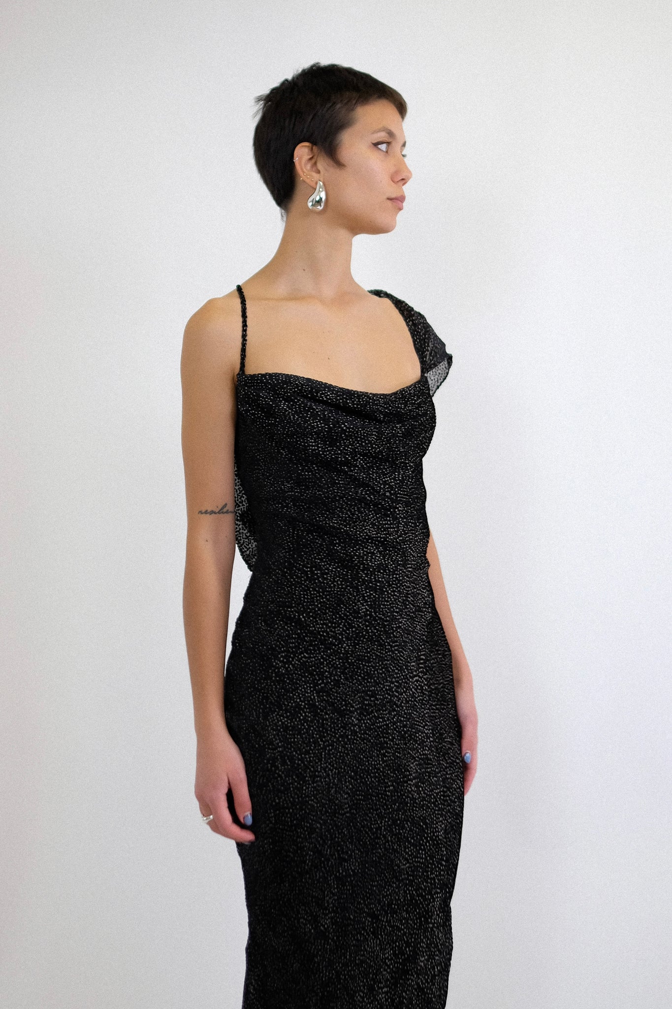 JOHN GALLIANO 2000s DRAPED GOWN IN BLACK AND WHITE DEVORÉ