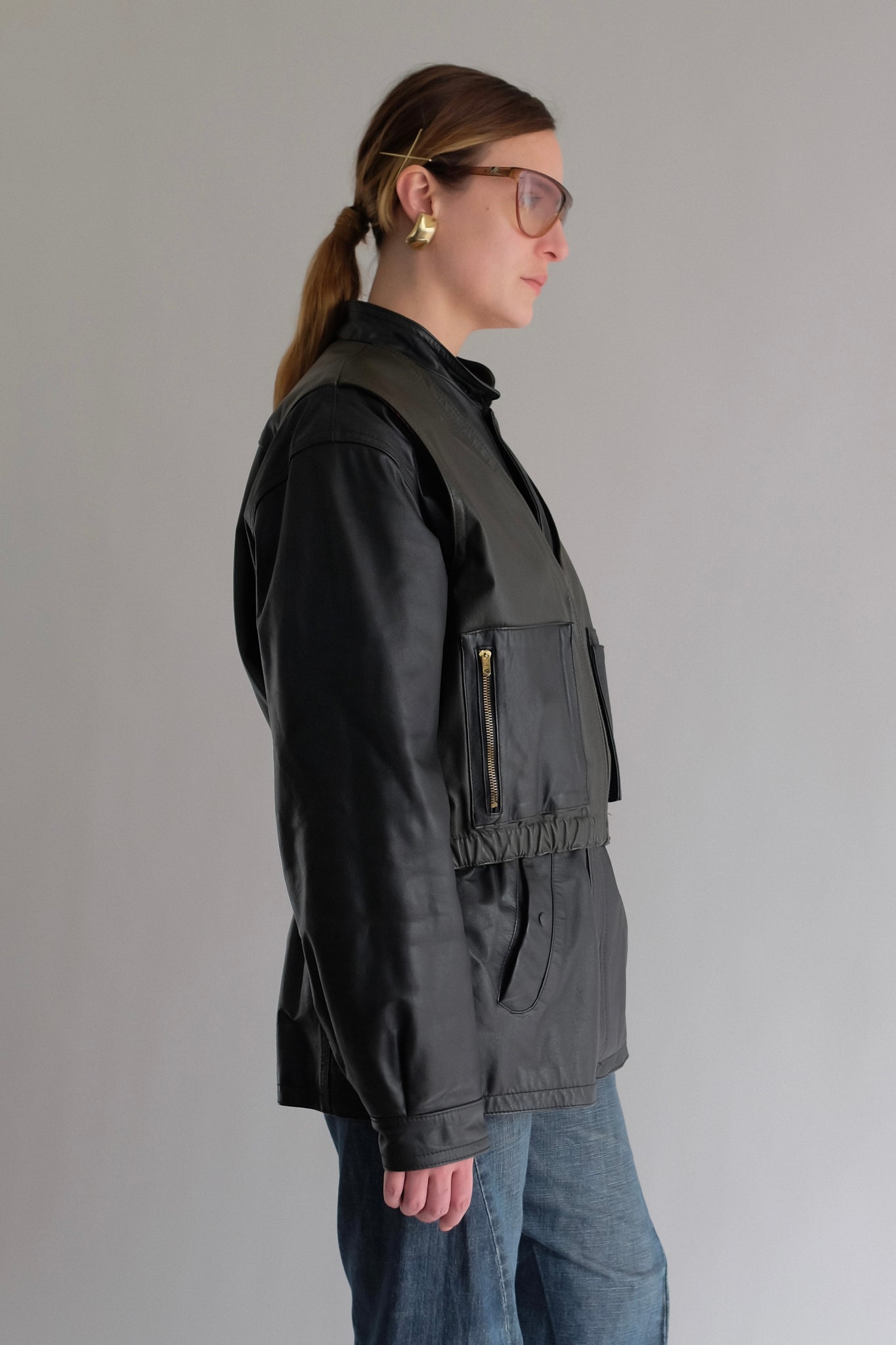 LEATHER DOUBLE VEST JACKET IN BLACK AND DARK OLIVE