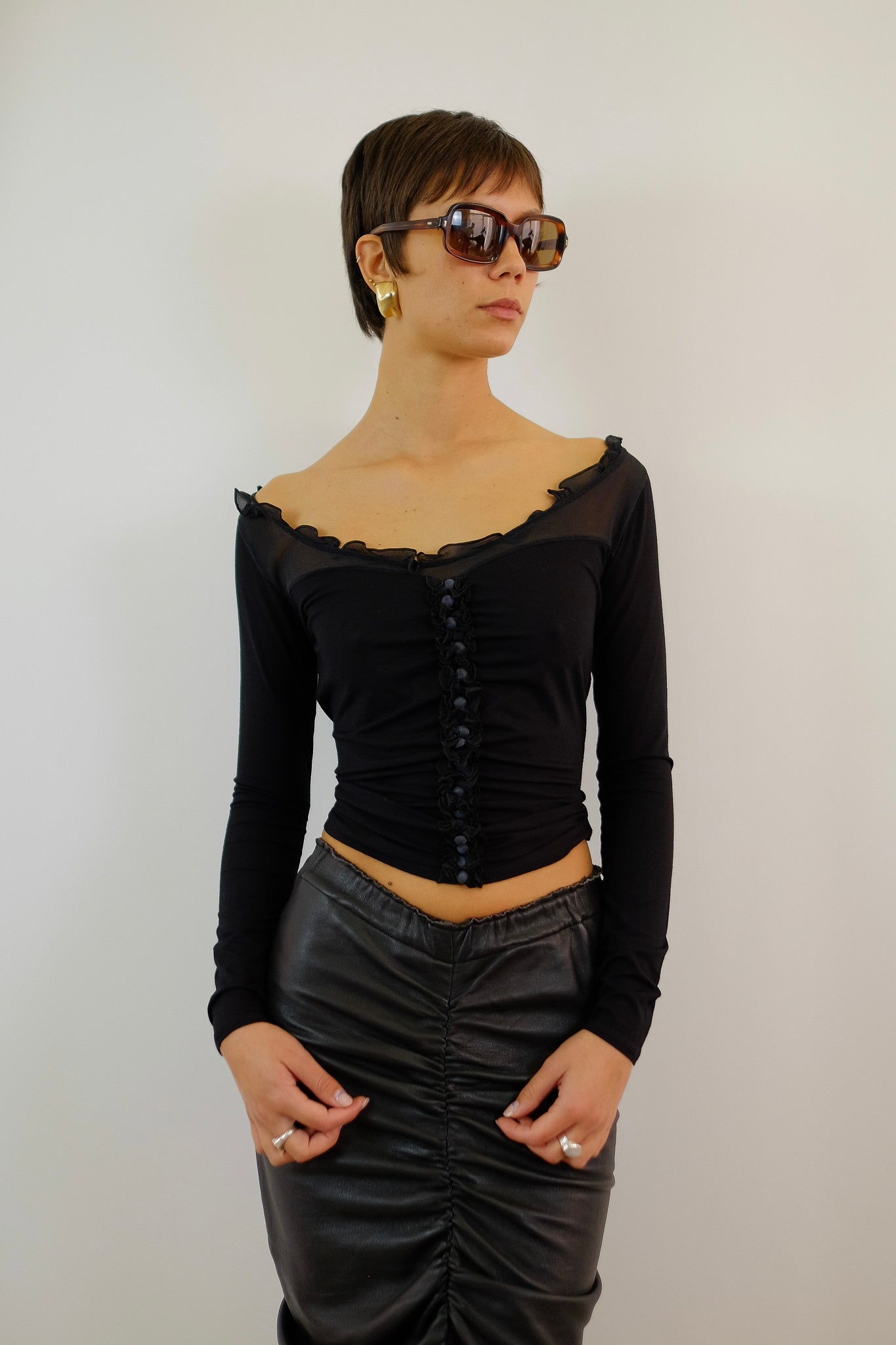MAXMARA RUCHED TOP IN BLACK JERSEY & SILK