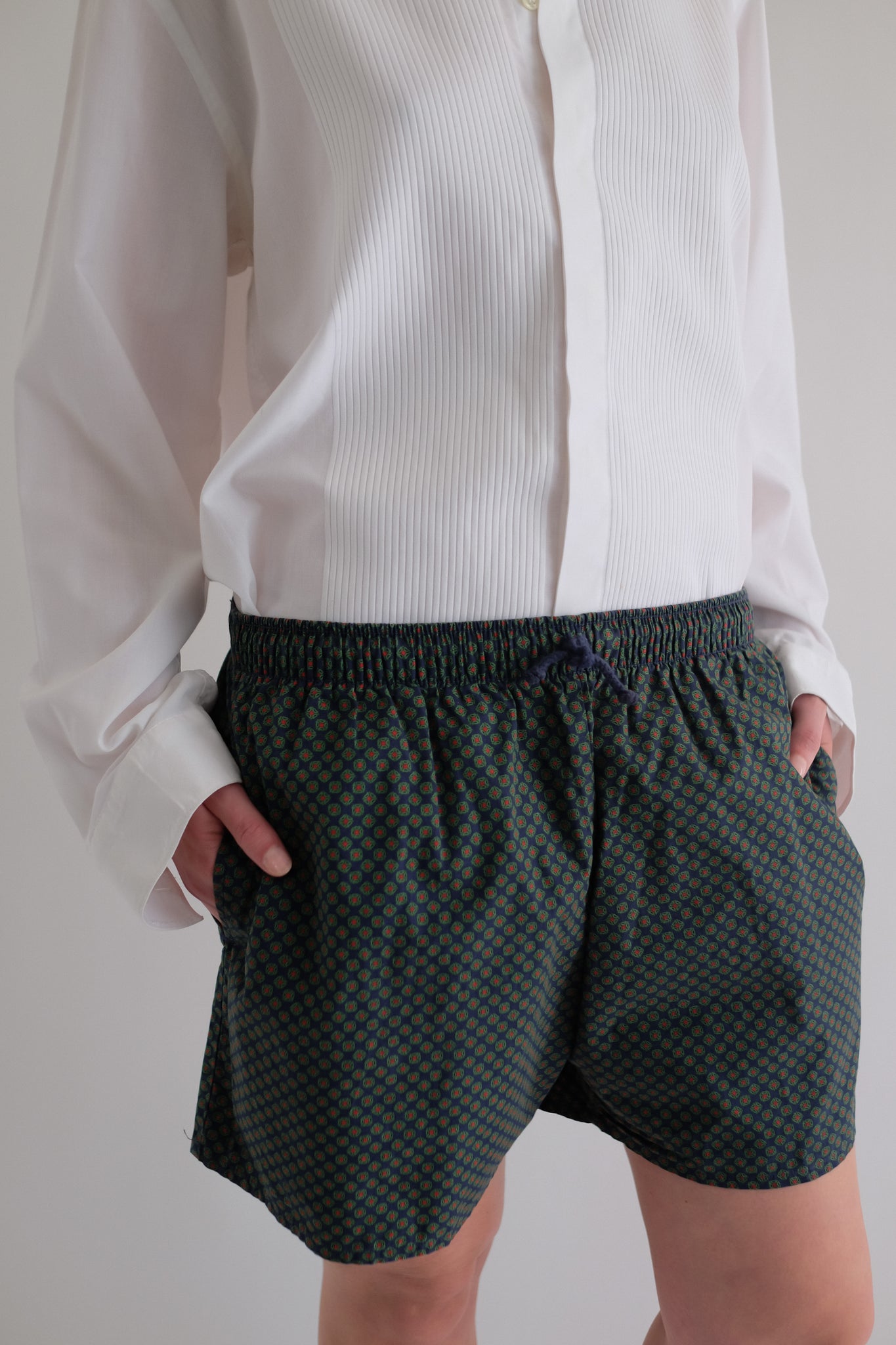 1980S FENDI UOMO COTTON SHORTS IN BLUE & GREEN MONOGRAM.