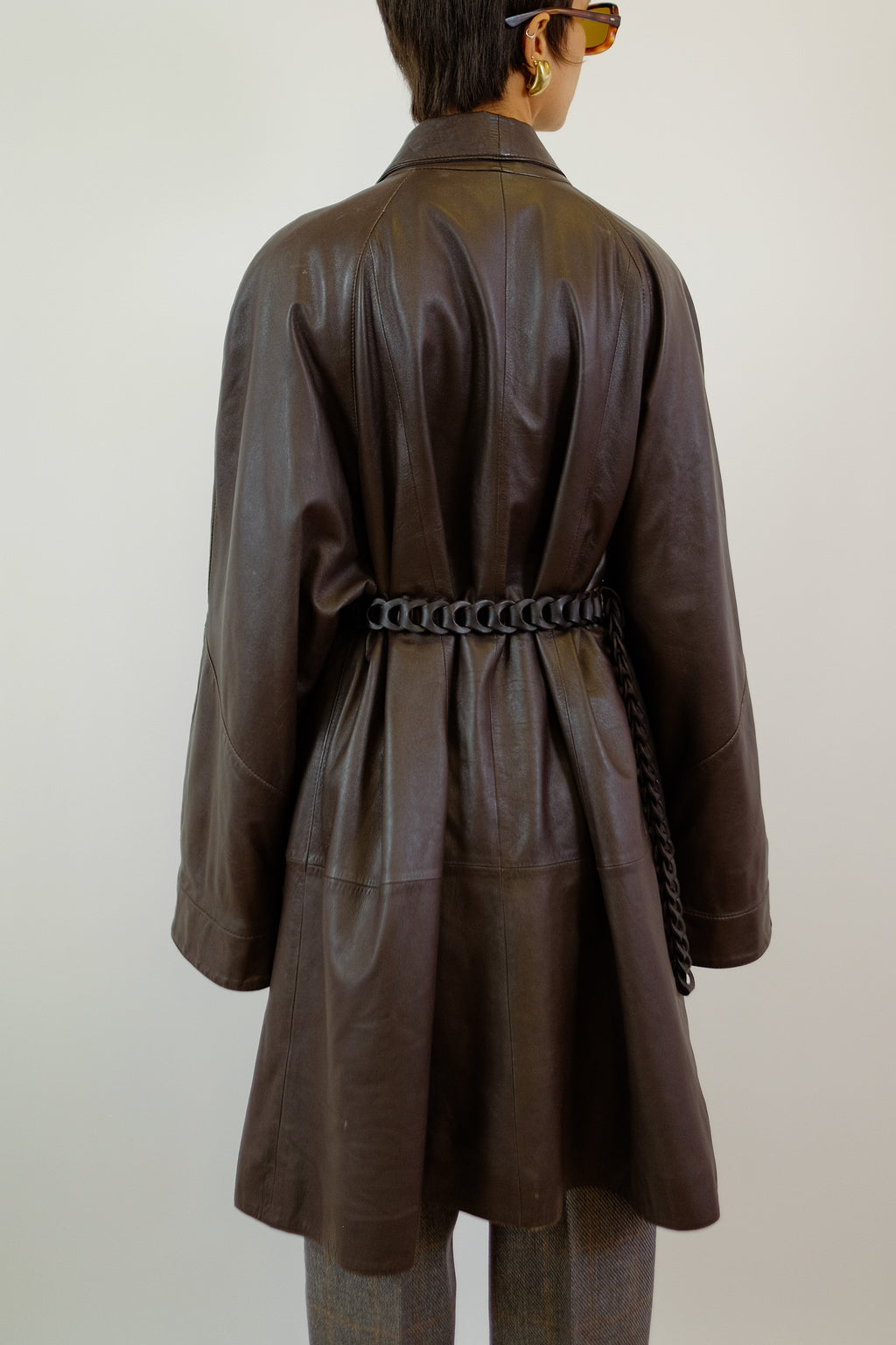 LEATHER SHAWL COAT IN DARK BROWN