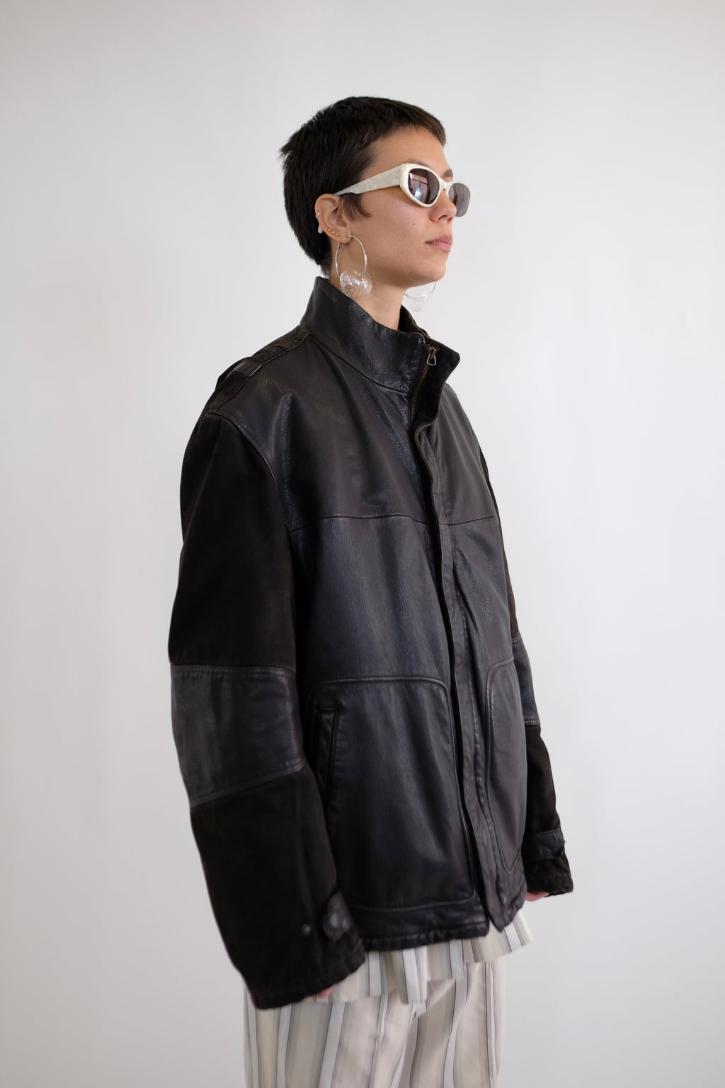 TRUSSARDI SPORT LEATHER/COTTON JACKET IN BROWN