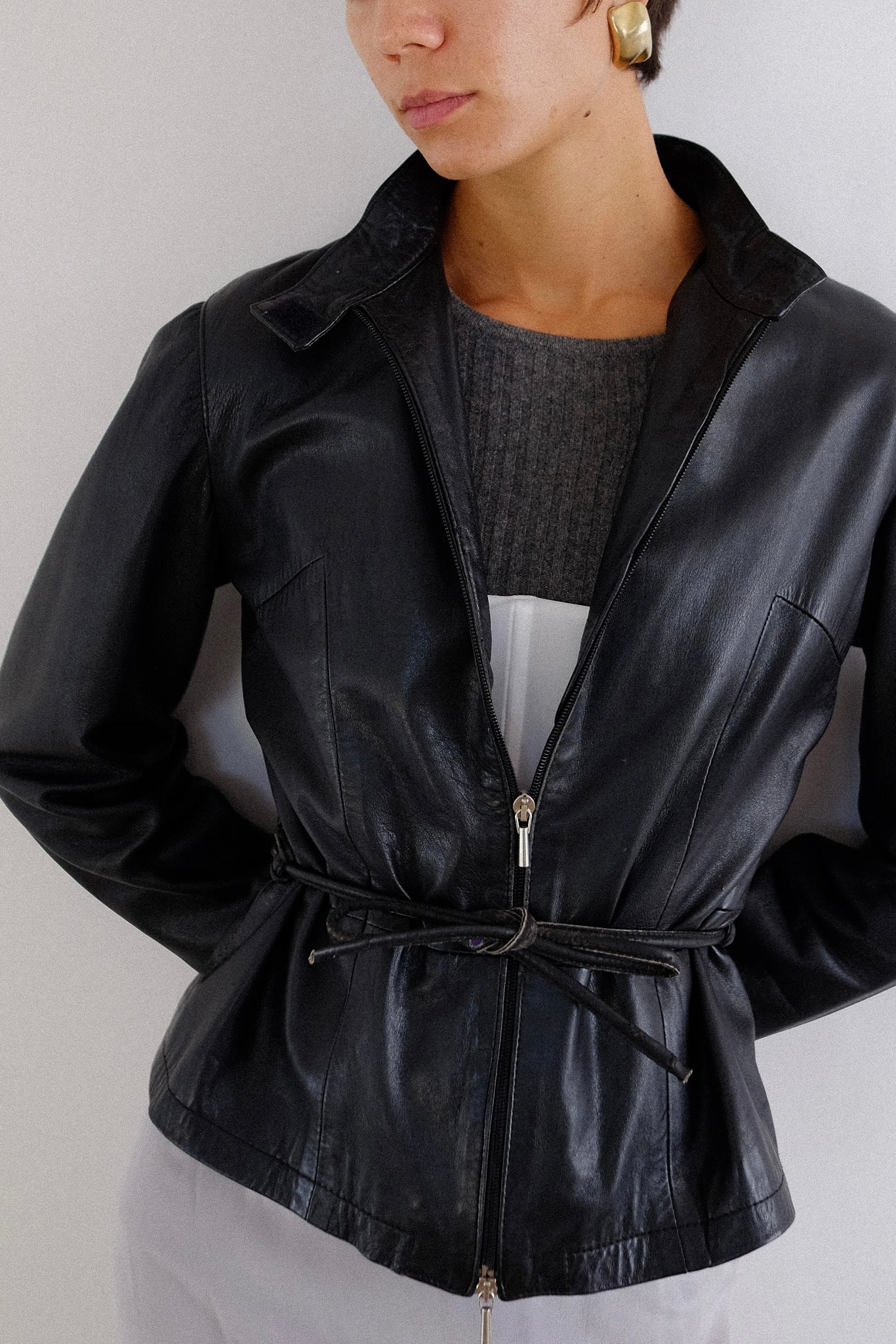 OVERPELL ITALIAN TIE WAIST BUTTERSOFT LEATHER JACKET IN BLACK
