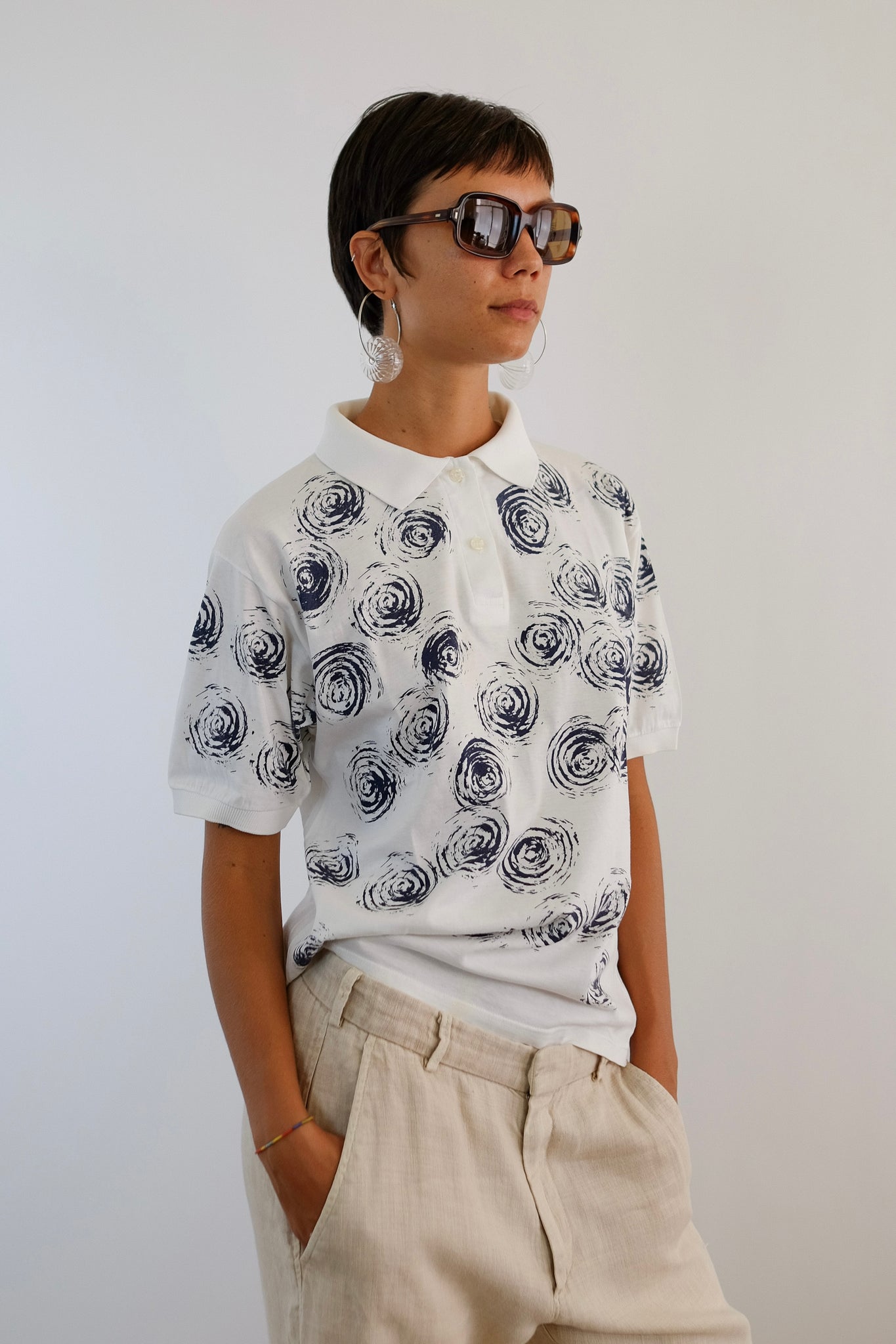 80S BRUNO ROMA SWIRL PRINT POLO IN COTTON JERSEY