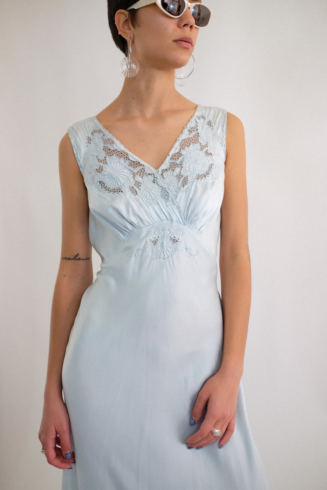 1940s HAND EMBROIDERED BIAS CUT SILK GOWN IN DUCK EGG BLUE