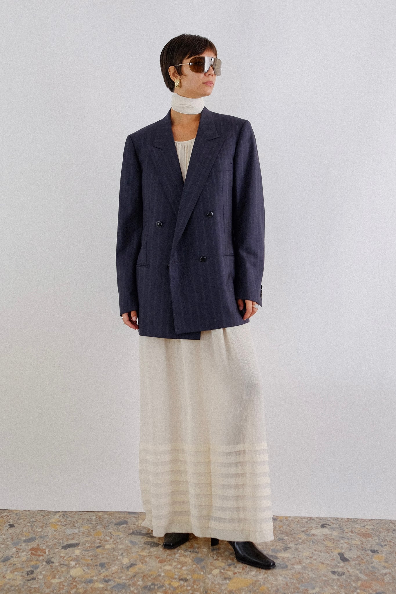 YSL PINSTRIPE DOUBLE BREASTED BLAZER IN DARK GREY STRIPE