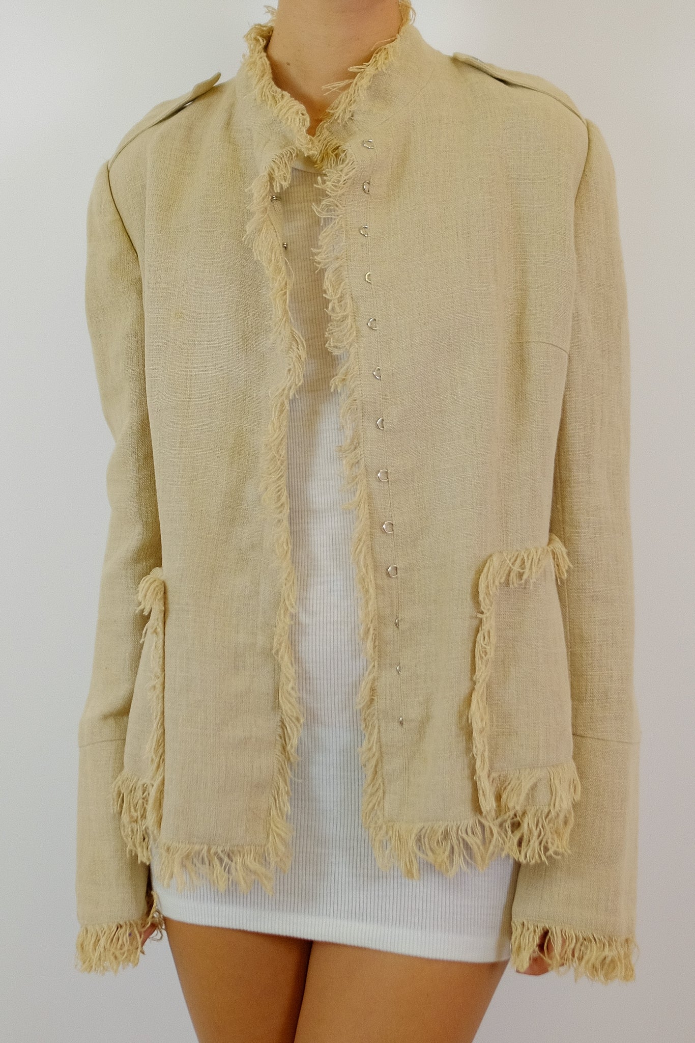 DOLCE AND GABBANA LINEN FRAY JACKET IN BEIGE