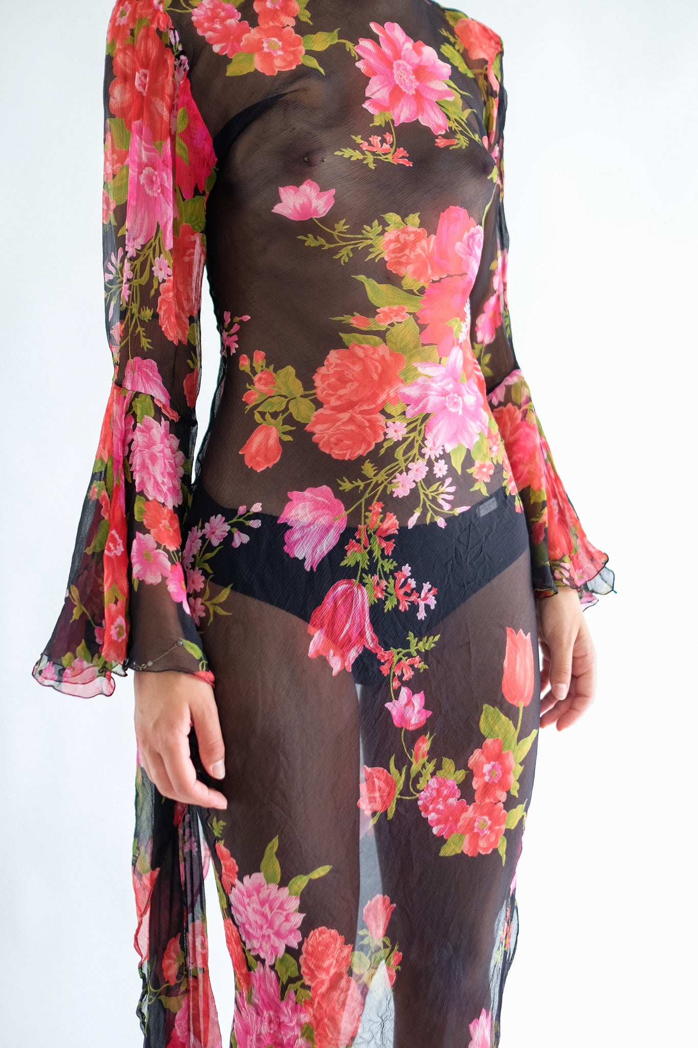 FLORAL BIAS CUT SEMI-SHEER TENDRIL DRESS IN SILK FLOREAL