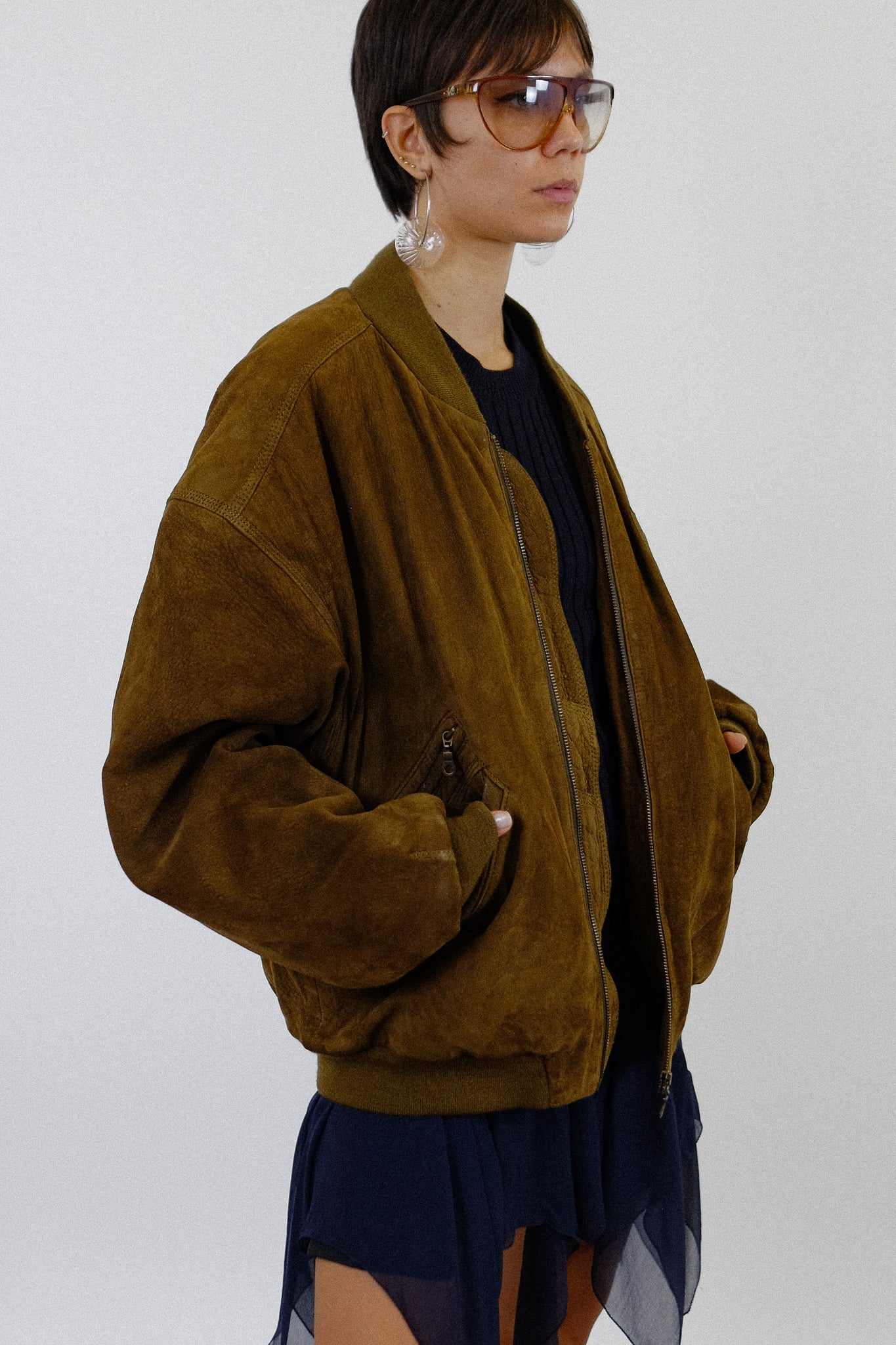 80S “WATCH THE FUTURE” SUEDE LEATHER BOMBER IN CHOCOLATE BROWN