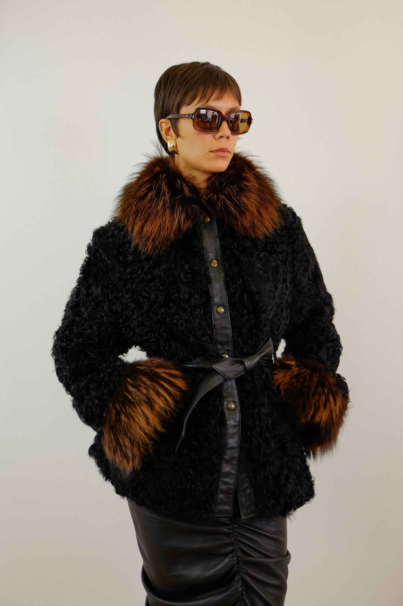 ITALIAN SHEARLING JACKET WITH FUR DETAILING IN BLACK