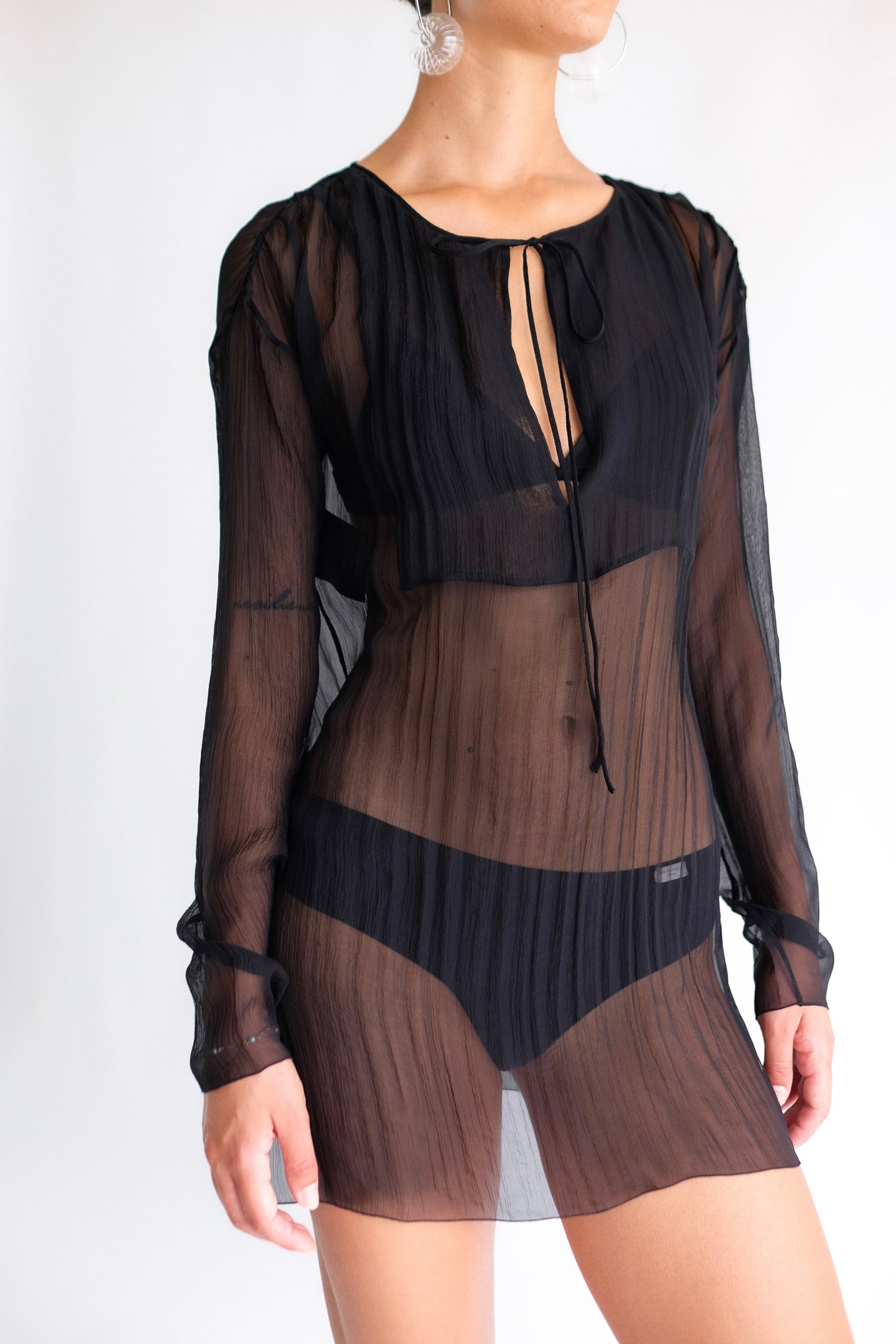 PRADA SHEER MINI DRESS IN BLACK SILK CHIFFON