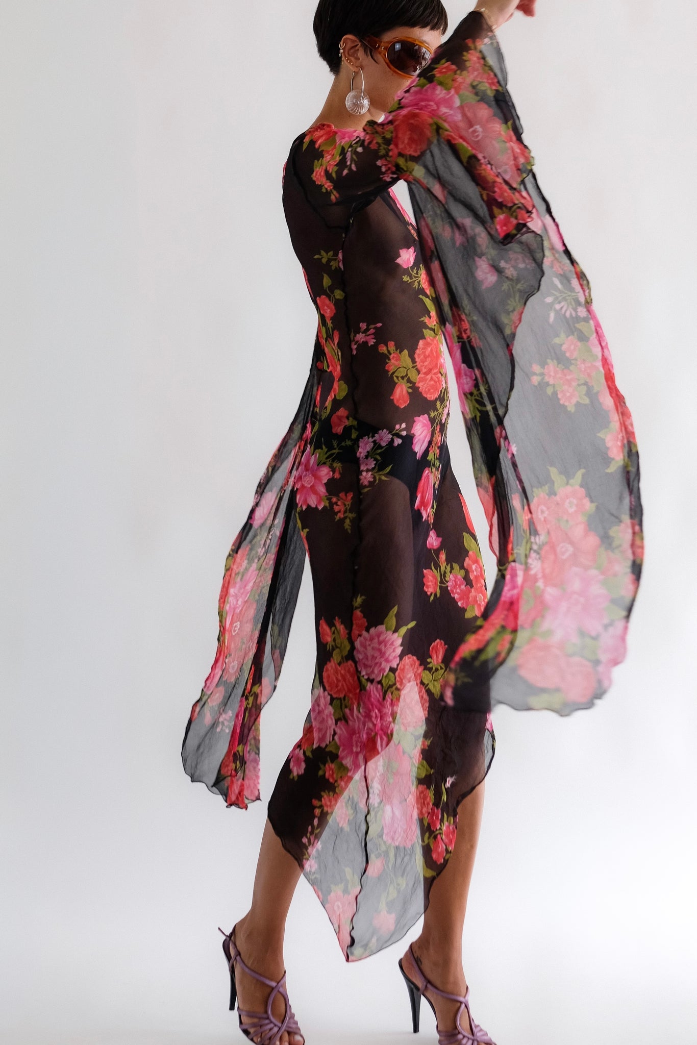 FLORAL BIAS CUT SEMI-SHEER TENDRIL DRESS IN SILK FLOREAL
