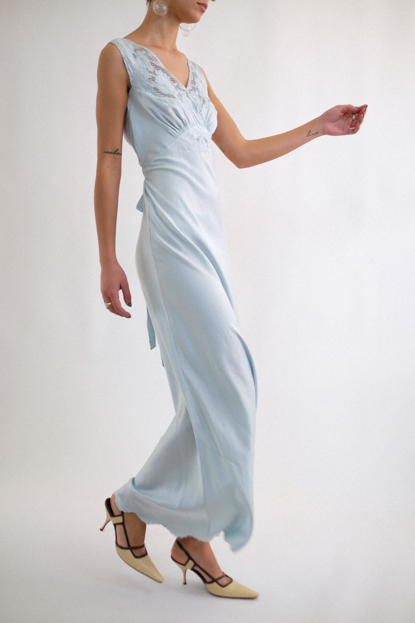 1940s HAND EMBROIDERED BIAS CUT SILK GOWN IN DUCK EGG BLUE