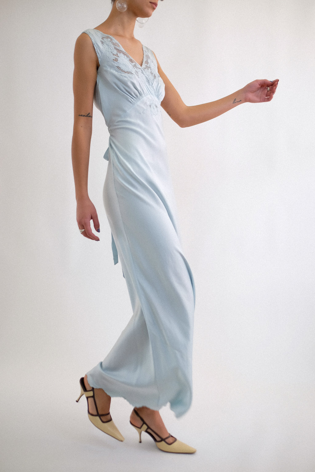 1940s HAND EMBROIDERED BIAS CUT SILK GOWN IN DUCK EGG BLUE