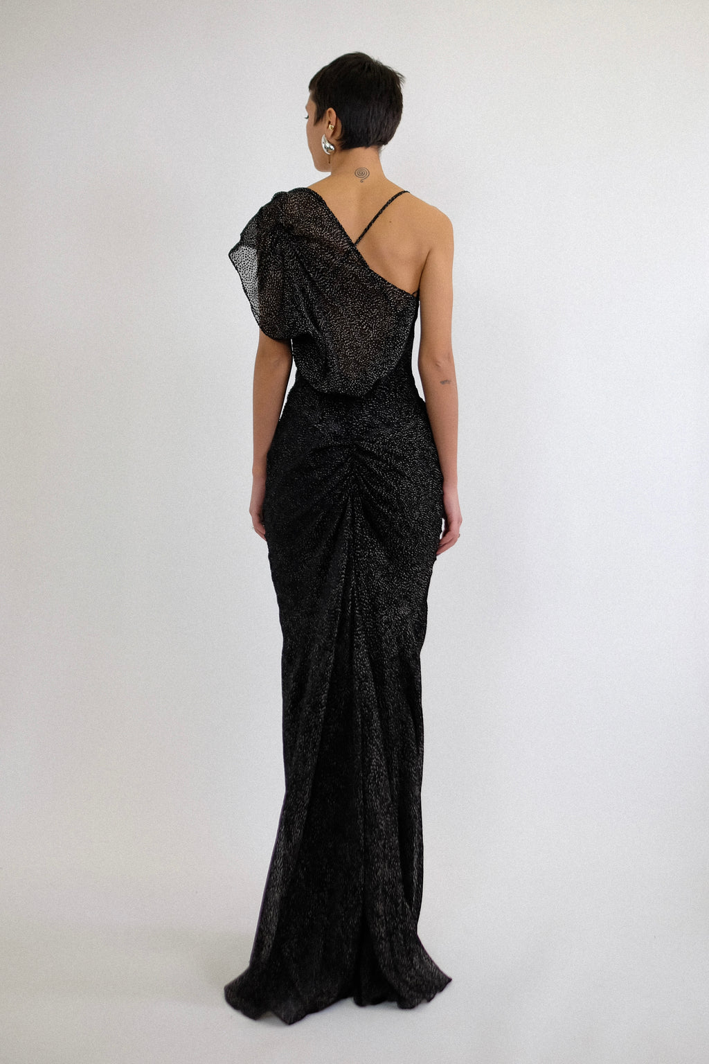 JOHN GALLIANO 2000s DRAPED GOWN IN BLACK AND WHITE DEVORÉ