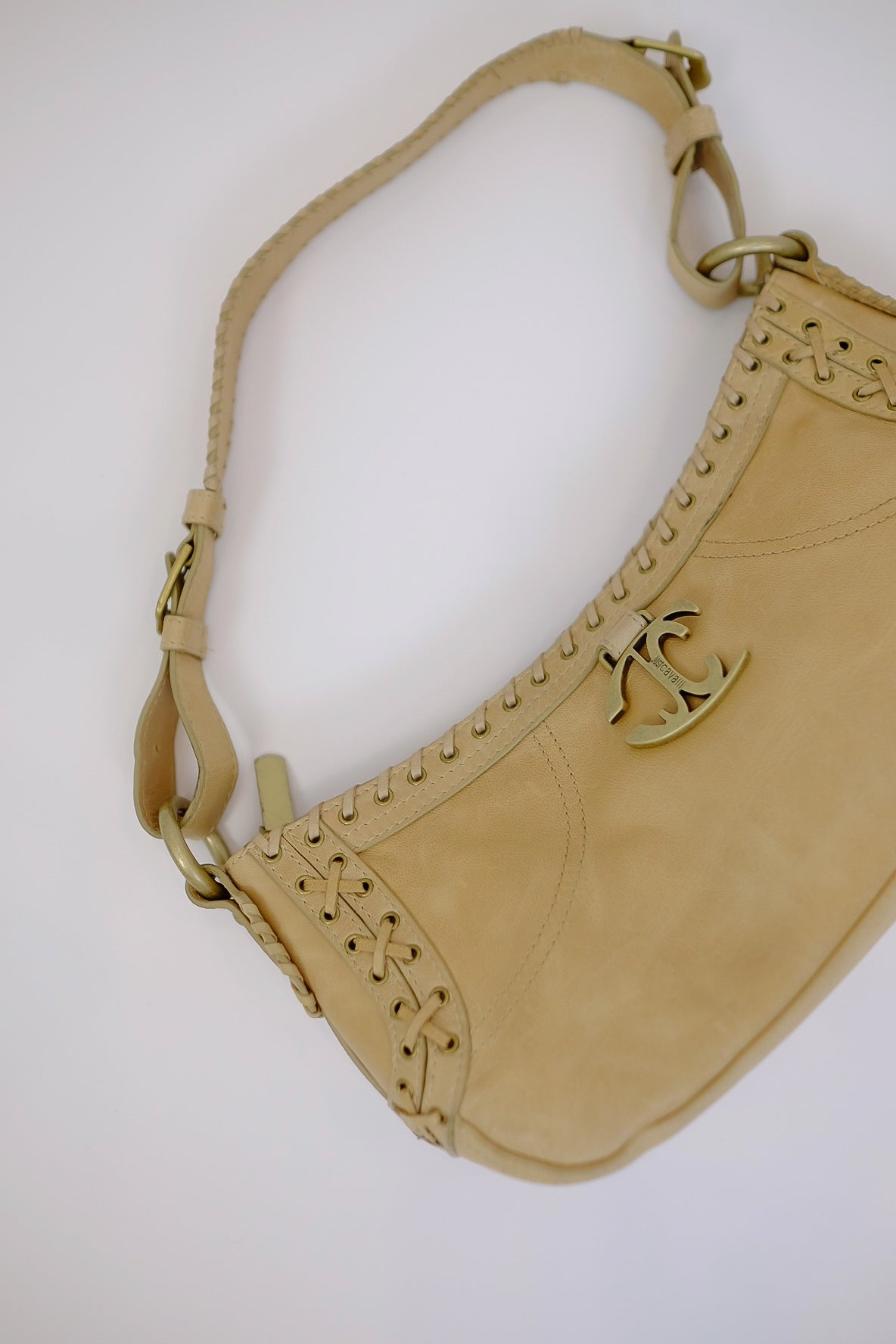 CAVALLI OVERSTITCHED LEATHER SHOULDER BAG