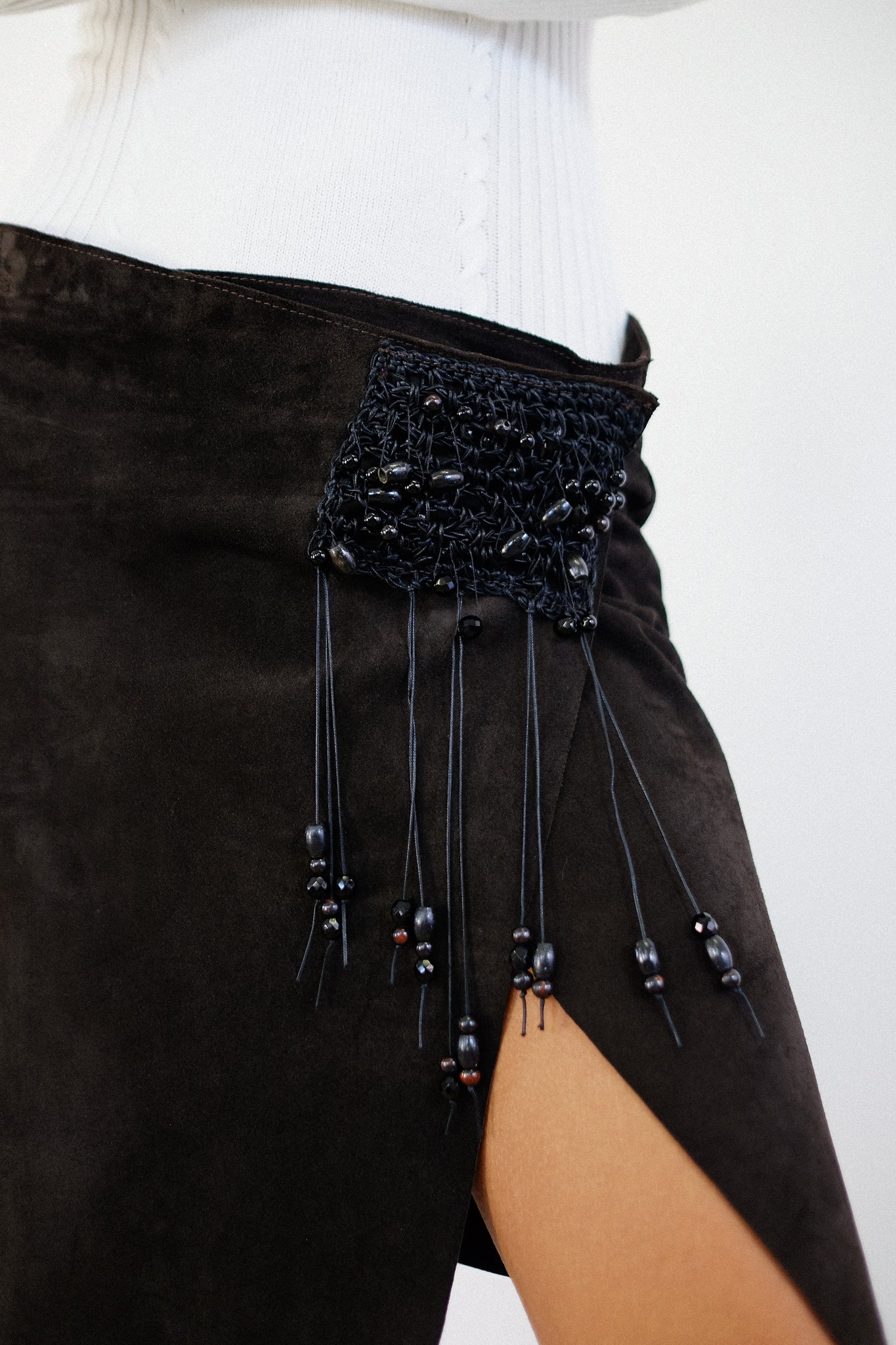 NUDE LEATHER WRAP BEADED SKIRT IN CHOCOLATE BROWN