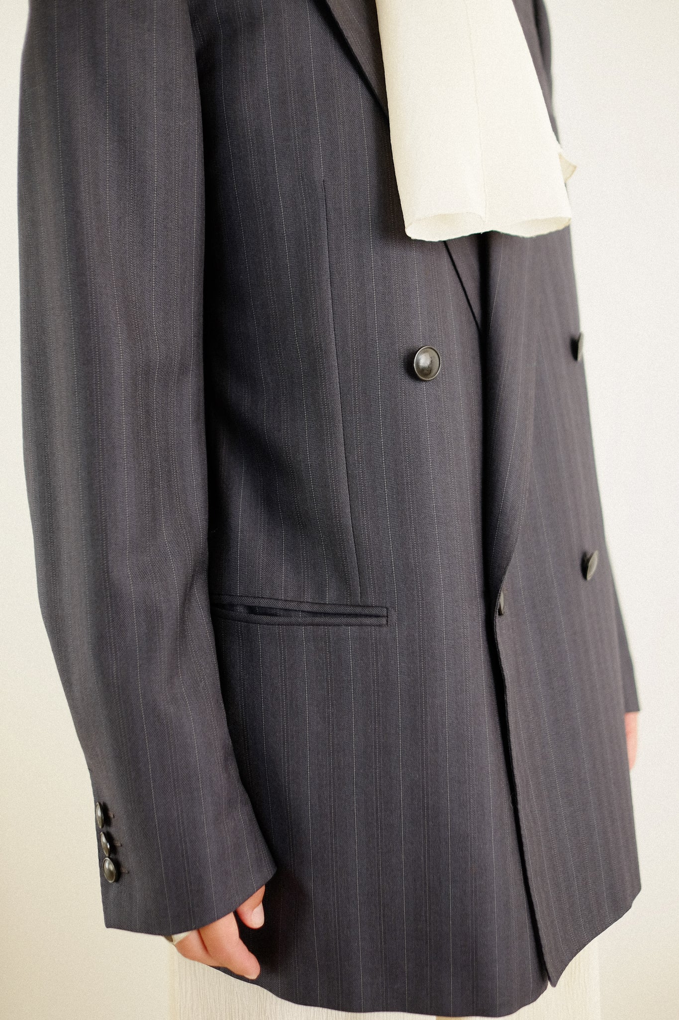 YSL PINSTRIPE DOUBLE BREASTED BLAZER IN DARK GREY STRIPE