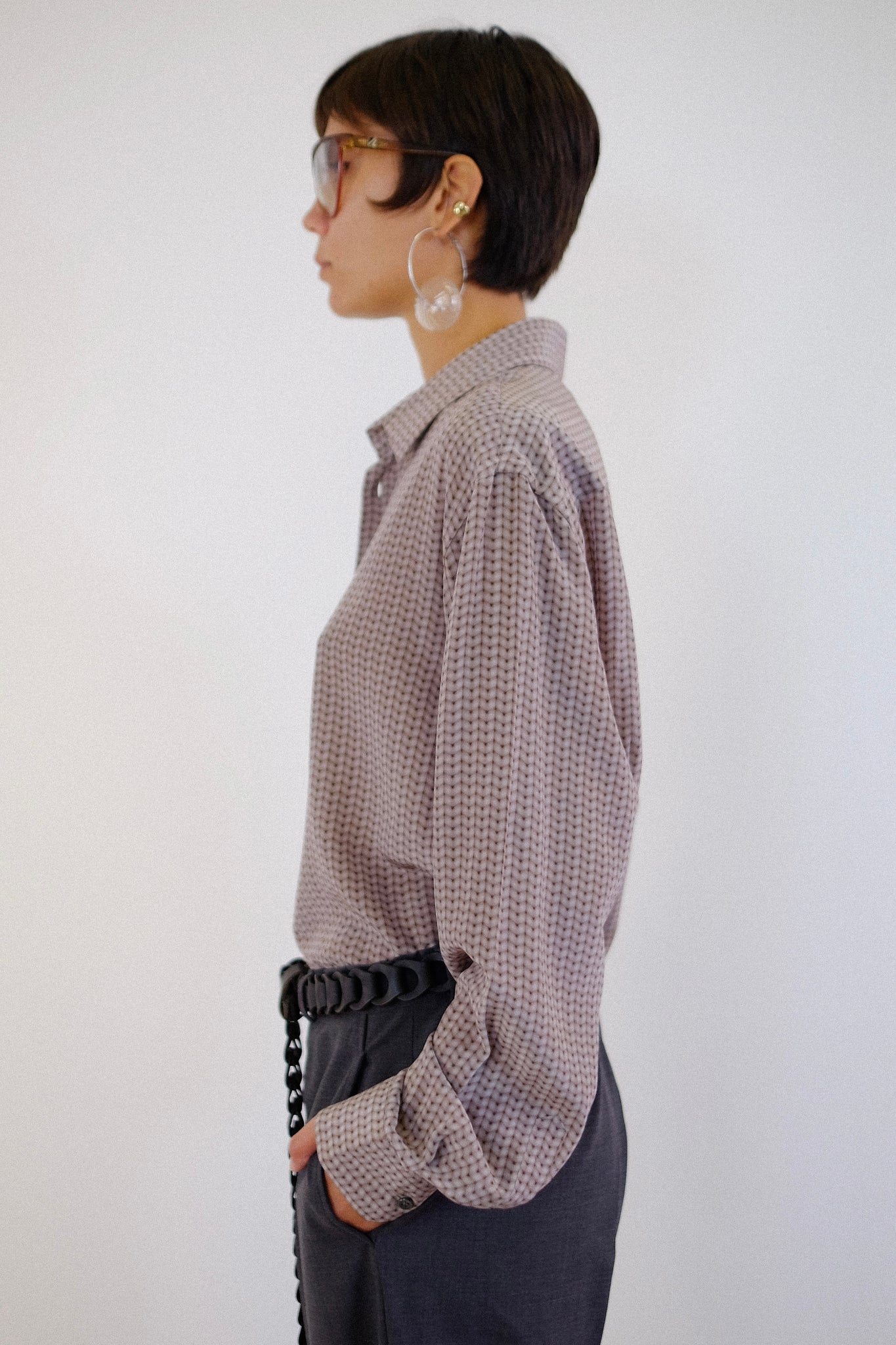 GIORGIO ARMANI TROMPE L'OEIL KNIT PRINT SILK SHIRT IN BROWN & BEIGE