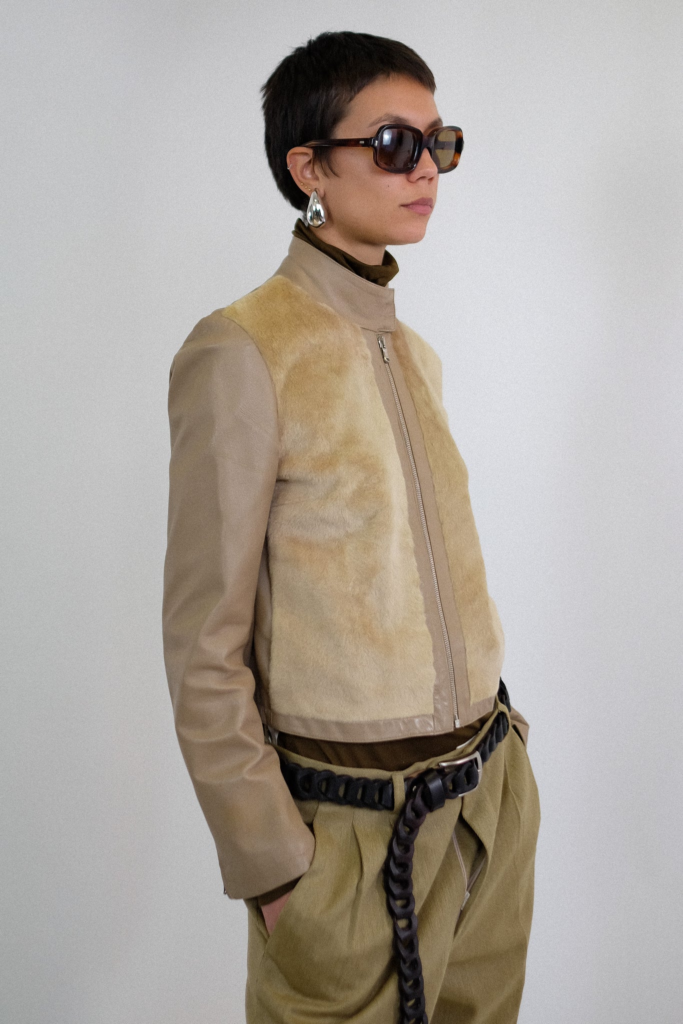 LEATHER & PONY SKIN MOTO JACKET IN NEUTRAL