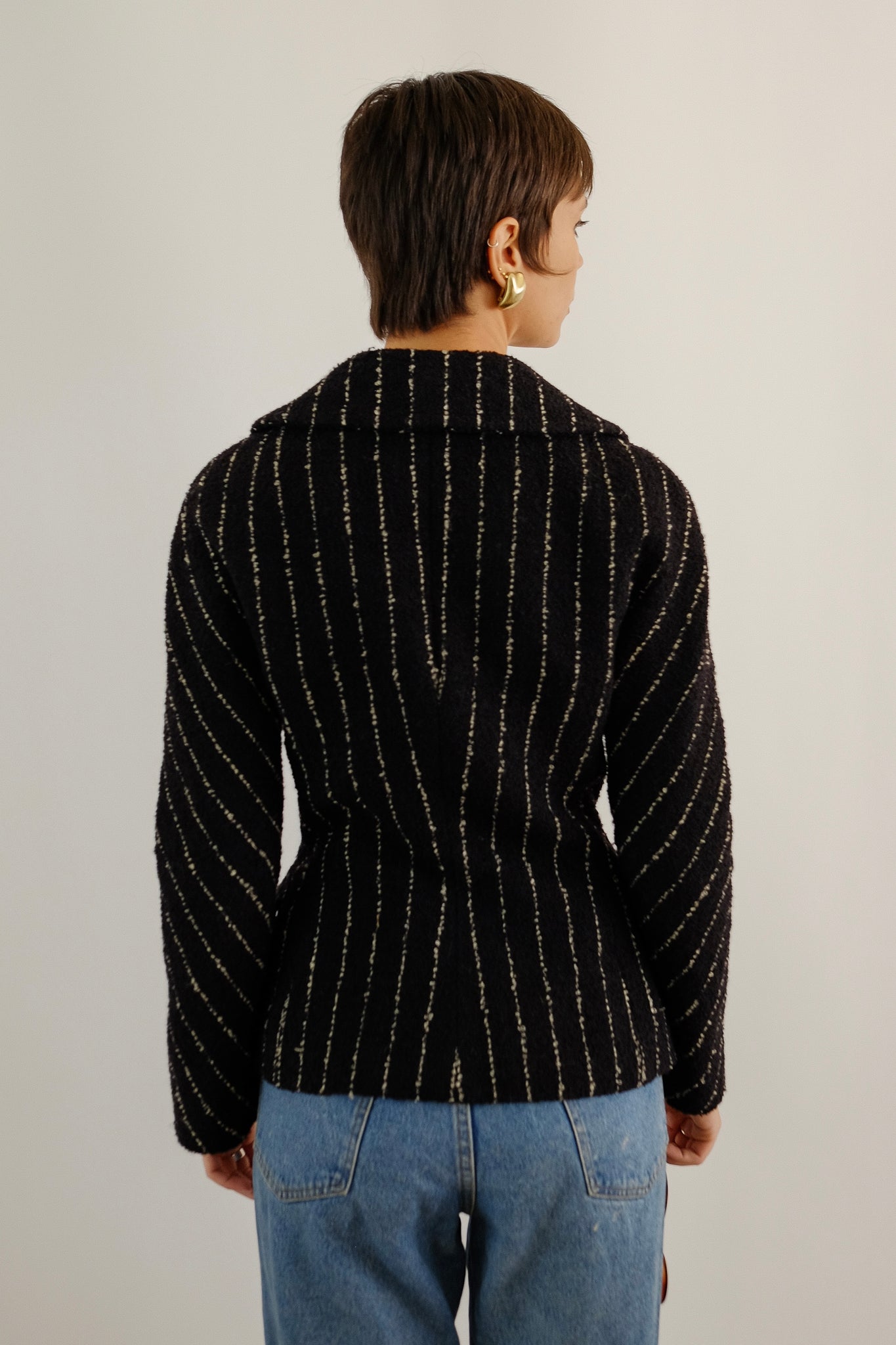 1980S DOLCE AND GABBANA TWEED BAR JACKET IN BLACK WITH WHITE STRIPES