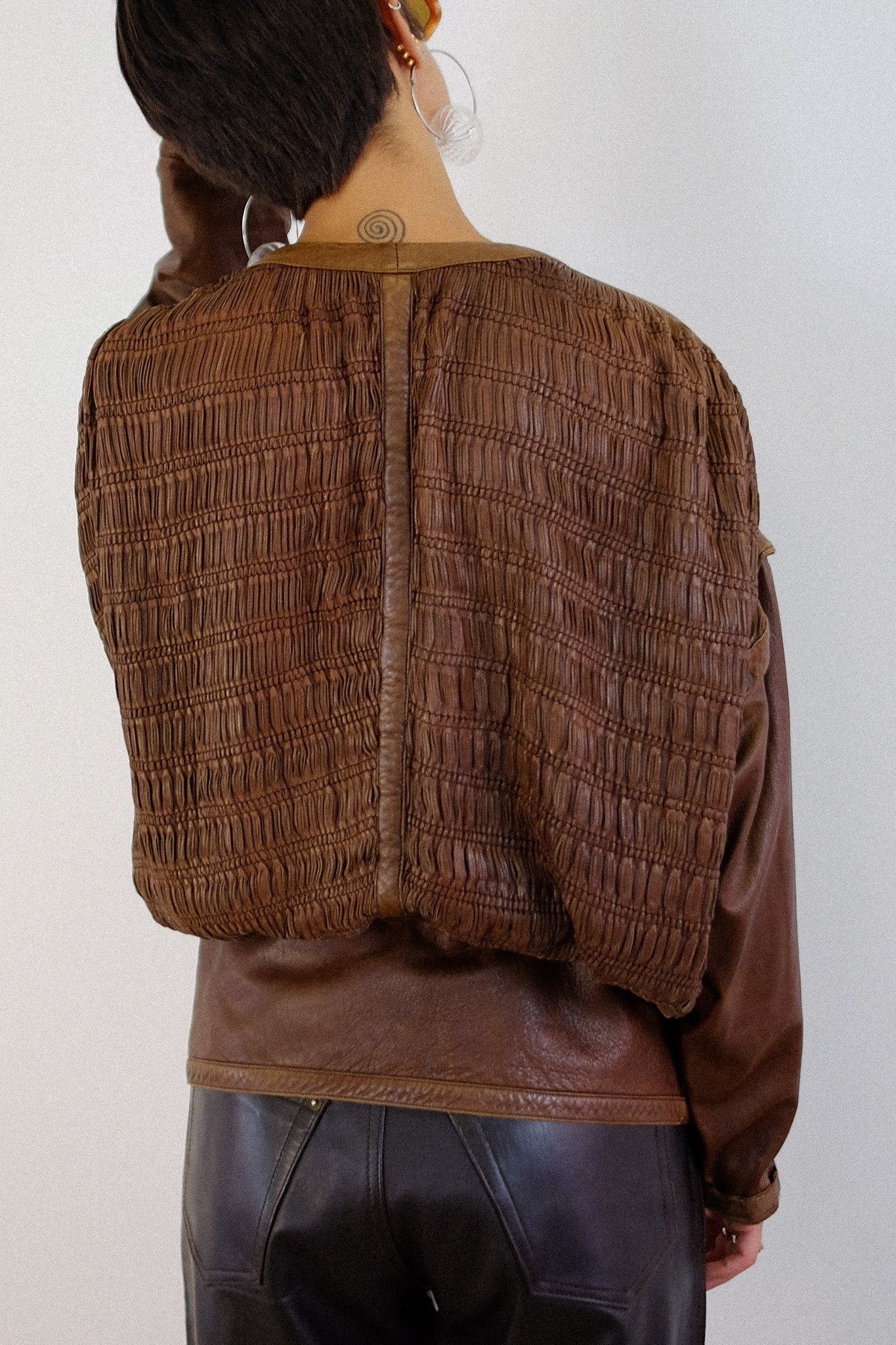 1980s MODULAR WOVEN LEATHER JACKET IN BROWN
