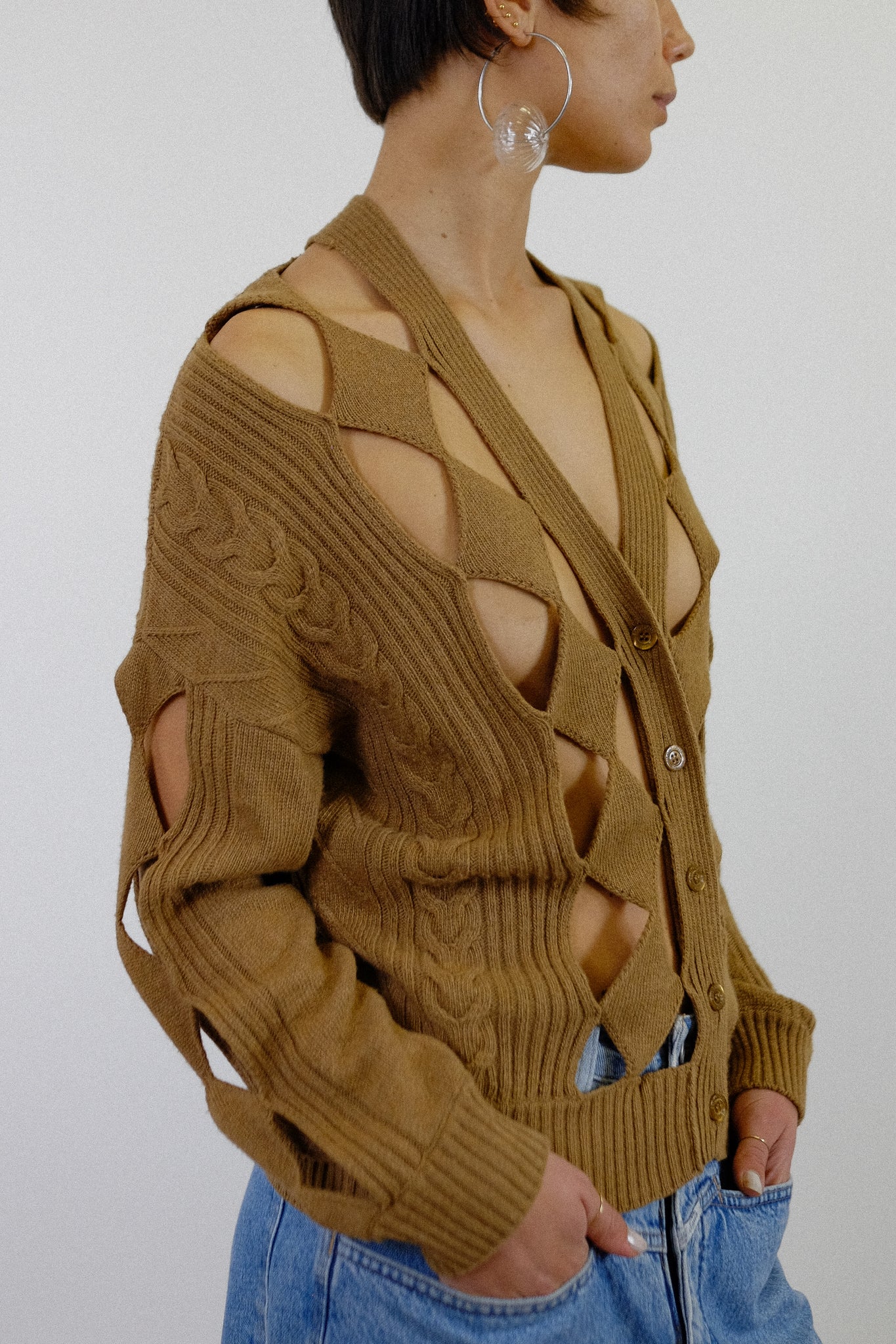 BOUTIQUE MOSCHINO OPEN KNIT JUMPER IN CARAMEL BROWN