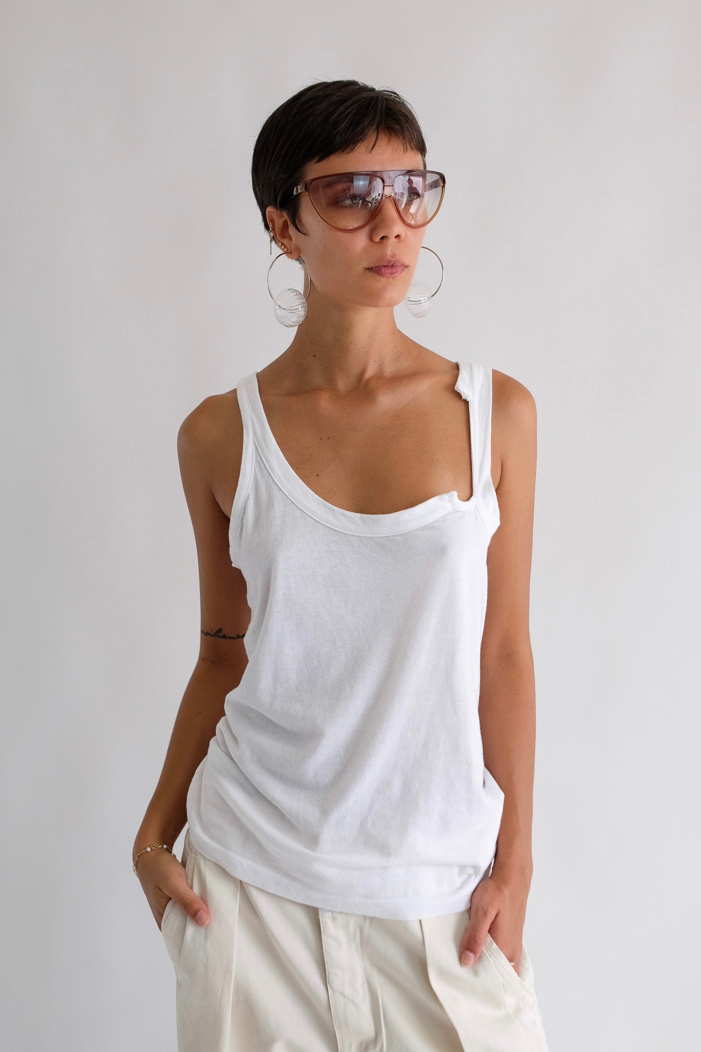 YOHJI YAMAMOTO Y’S DECONSTRUCTED TANK IN WHITE COTTON JERSEY