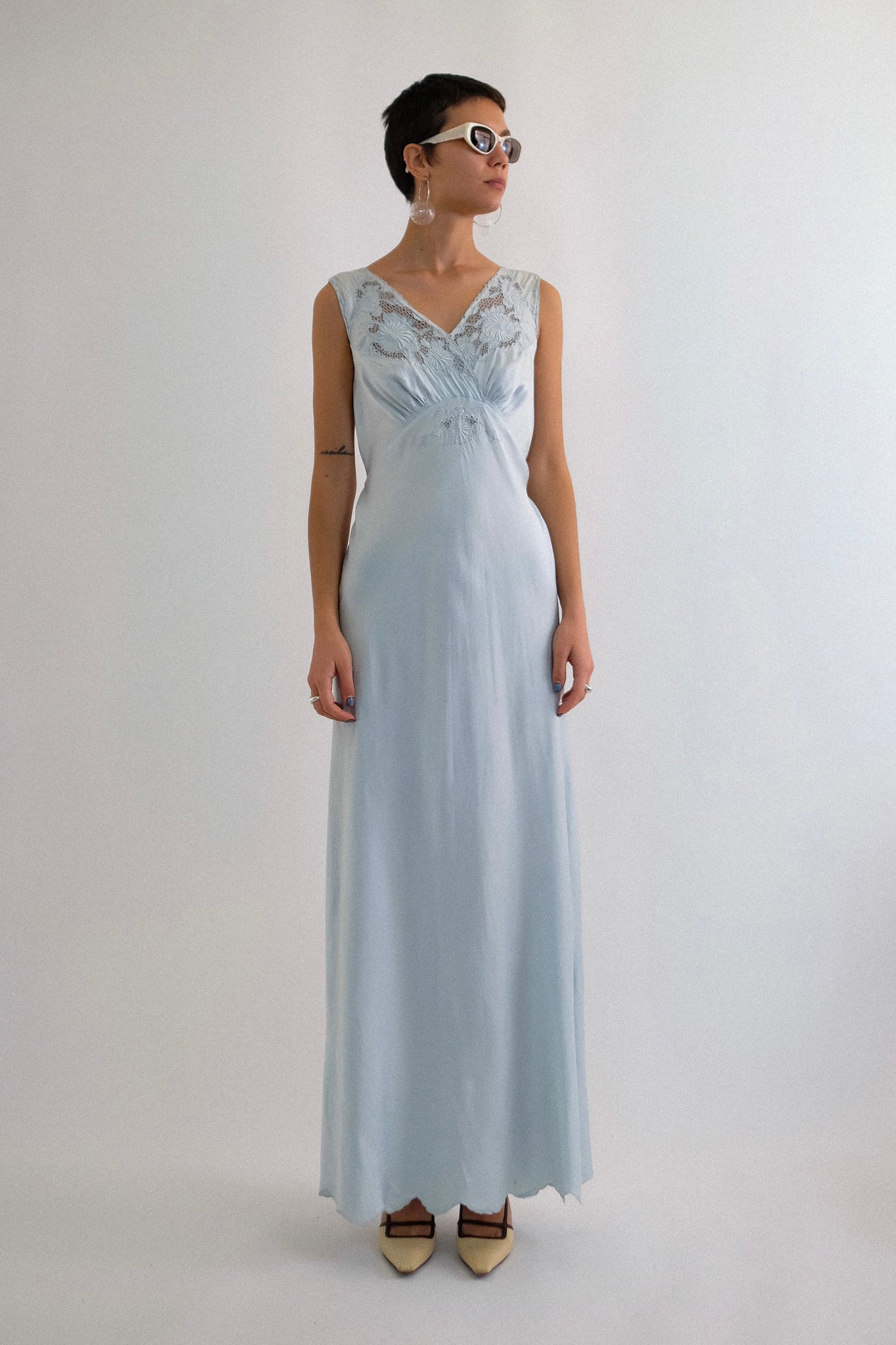 1940s HAND EMBROIDERED BIAS CUT SILK GOWN IN DUCK EGG BLUE