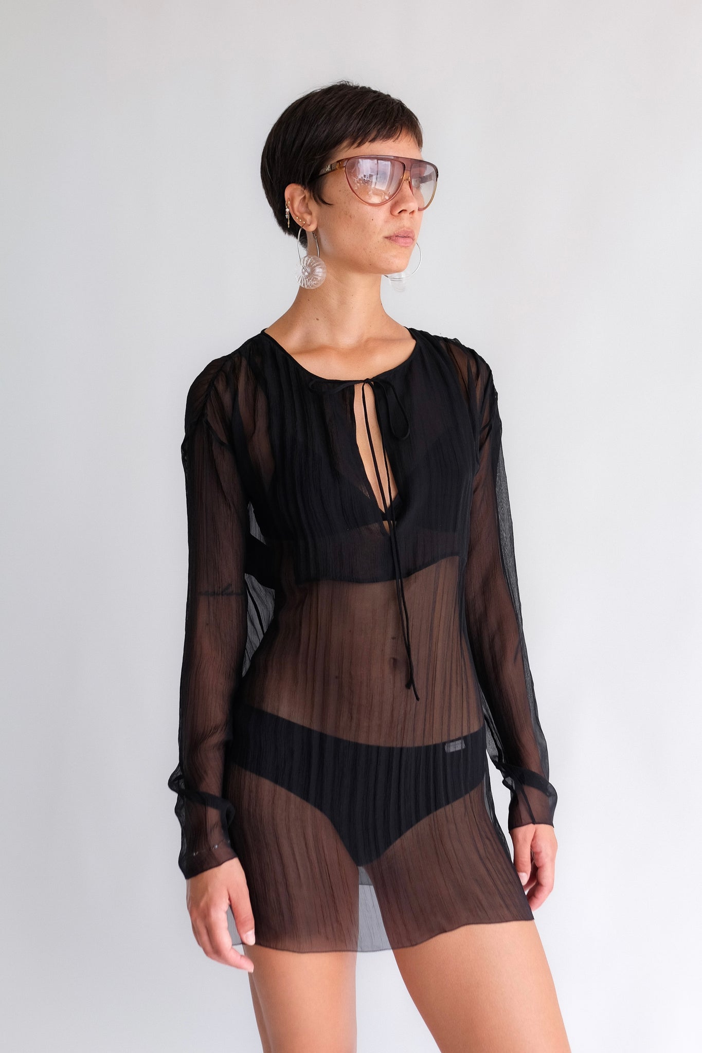 PRADA SHEER MINI DRESS IN BLACK SILK CHIFFON