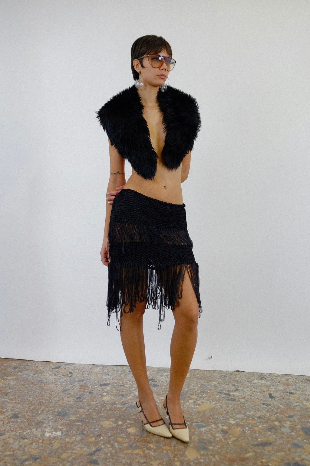 GIANFRANCO FERRÉ HAND KNITTED TULLE LOOP SKIRT IN BLACK